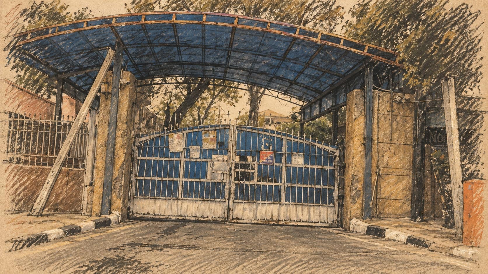 Courtroom-sketch editorial illustration of Tihar Jail's closed metal entrance gate beneath a blue curved canopy, with stone pillars and trees; archival prison context from February 2024, not a depiction of Jagtar Singh Johal or his October 2026 release, rendered in warm ochre and slate-blue pastel strokes.