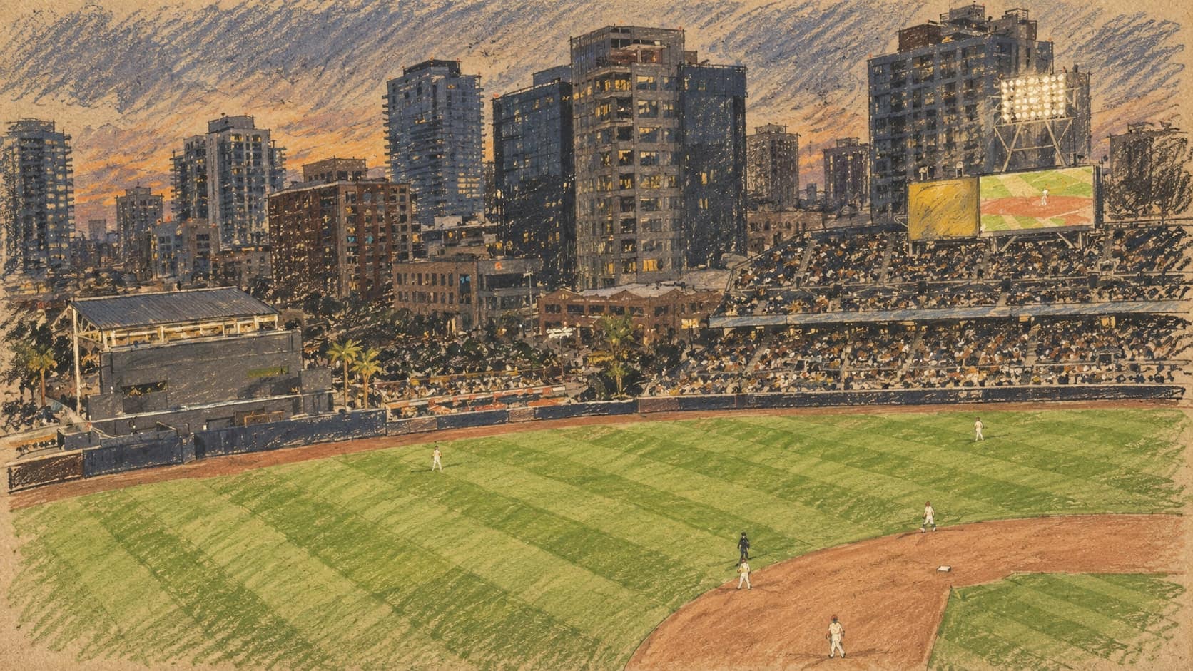Courtroom-sketch editorial illustration of Petco Park's baseball field, players, crowded stands and downtown San Diego skyline, from an archival November 2024 photograph; venue context, not a depiction of the September 2026 playoff clincher, rendered in warm ochre and slate-blue pastel strokes.