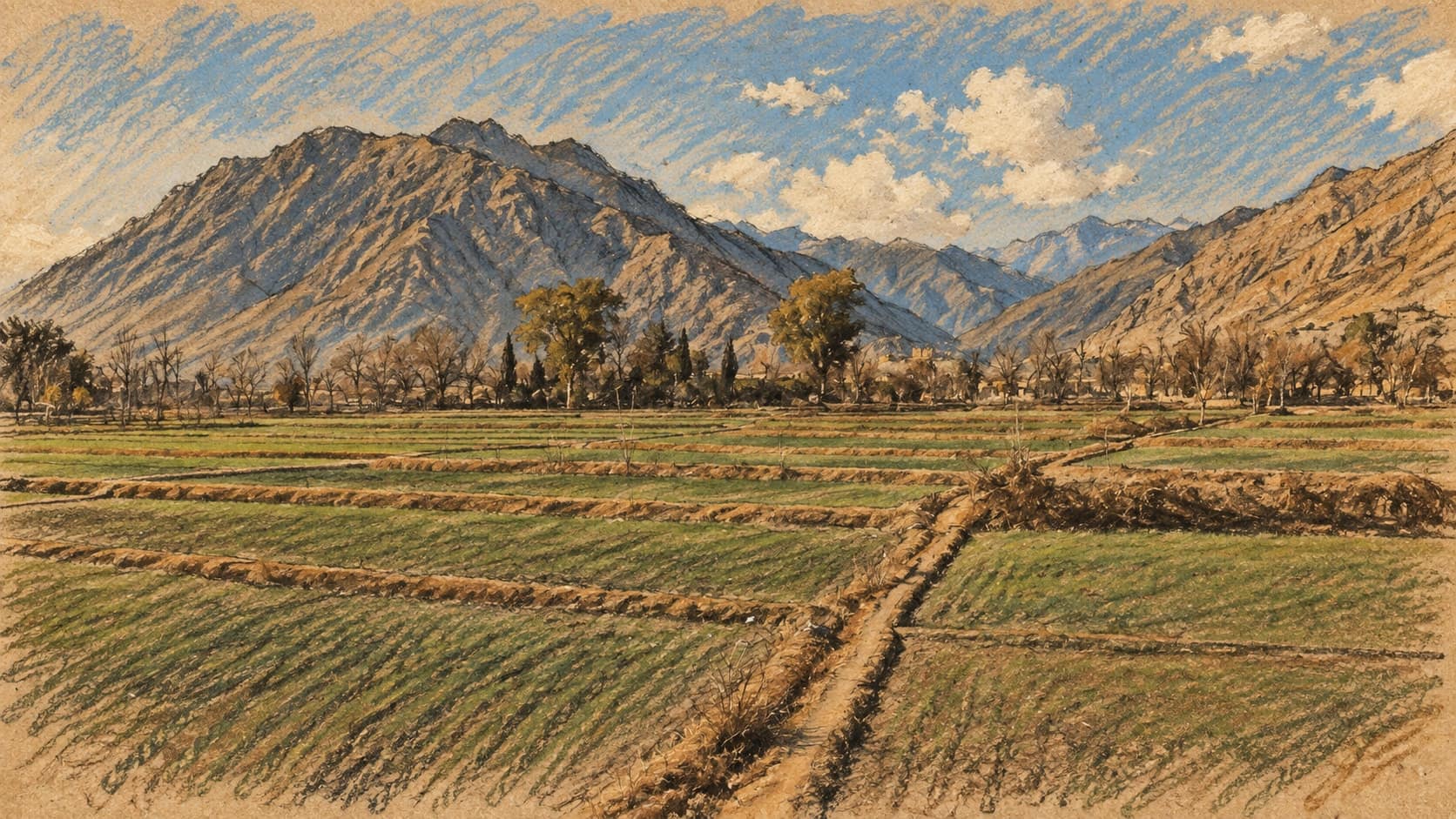 Courtroom-sketch editorial illustration of fields, trees and rocky mountains in Afghanistan’s Badel valley, Kunar province, from an archival January 2012 photograph; geographic context, not a depiction of the October 2026 airstrikes, rendered in warm ochre and slate-blue pastel strokes.