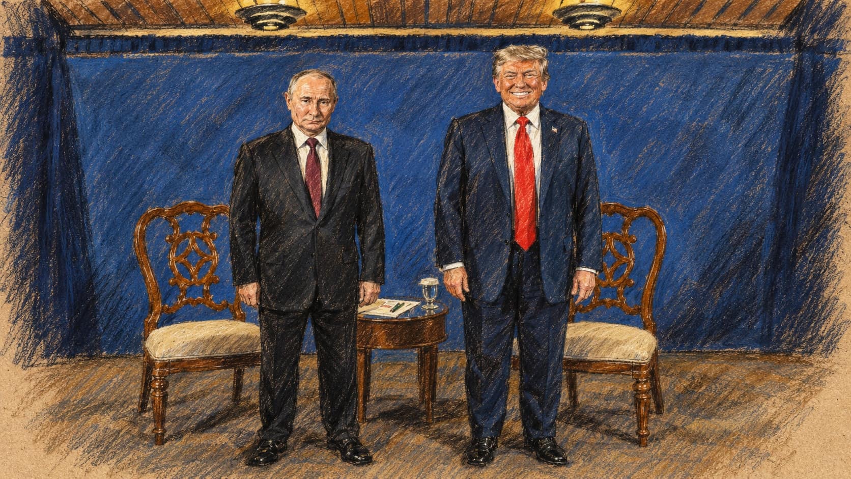 Courtroom-sketch editorial illustration of Vladimir Putin and Donald Trump standing beside chairs at the August 2025 Alaska summit, based on an archival official White House photograph; diplomatic context rather than the October 2026 Valdai discussion, rendered in warm ochre and slate-blue pastel strokes.