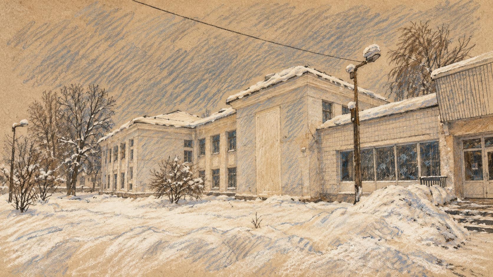 Courtroom-sketch editorial illustration of the intact, snow-covered exterior of Kyiv School 60 in an archival December 2012 photograph, with bare trees and lamp posts; contextual school view, not identified as the school struck on October 1, 2026 and not a depiction of that attack, rendered in warm ochre and slate-blue pastel strokes.