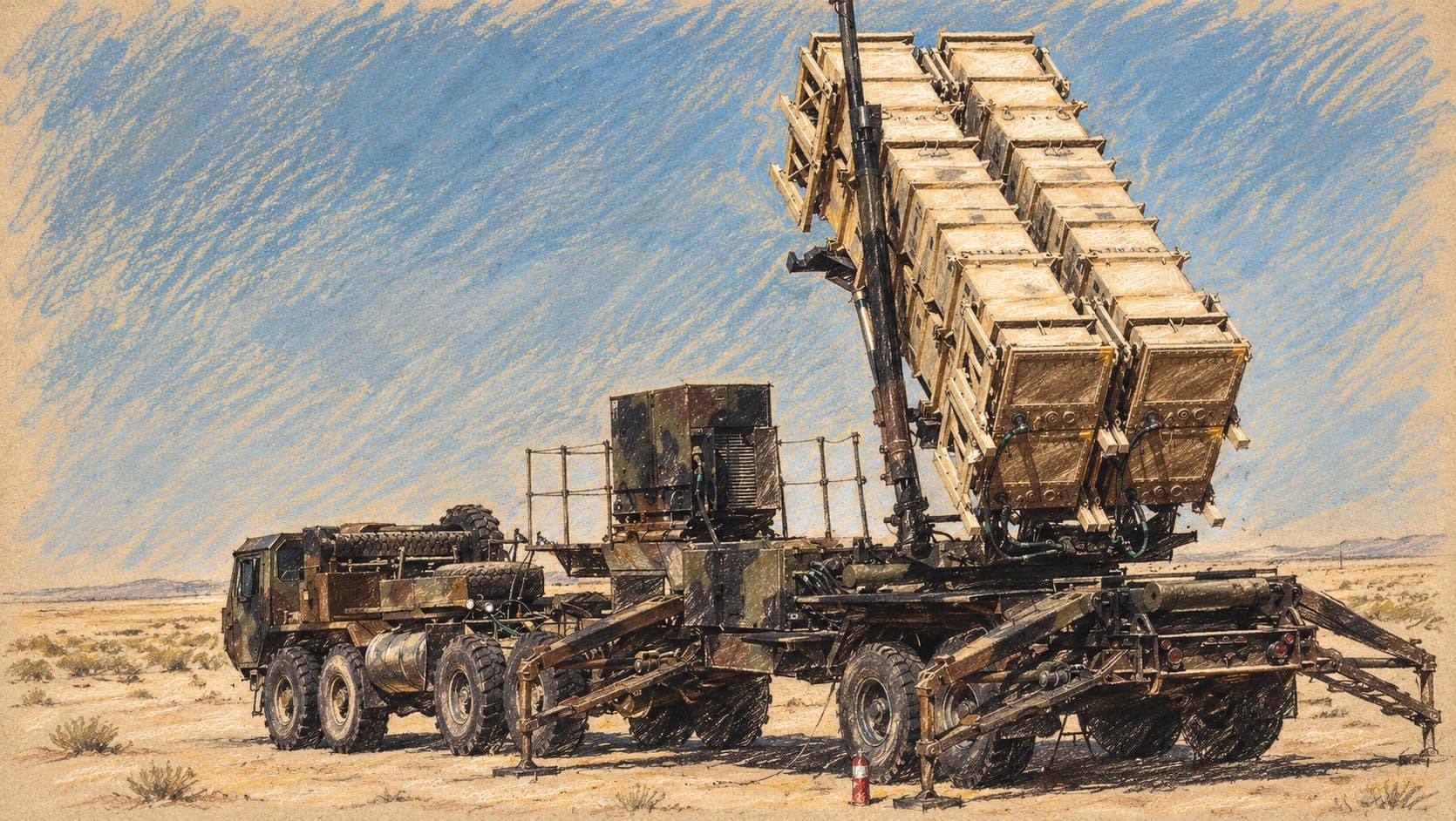 Courtroom-sketch editorial illustration of an archival U.S. Army Patriot launcher and truck in the desert during Operation Desert Shield, shown as air-defense context rather than the reported interception, rendered in warm ochre and slate-blue pastel strokes.