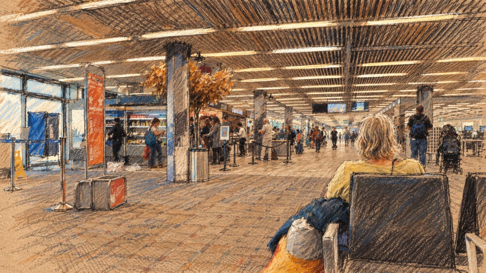 Courtroom-sketch editorial illustration of an archival April 2019 Ben Gurion Airport Terminal 1 departure lounge, with a seated traveler and bags in the right foreground and travelers along the terminal corridor; airport context, not a depiction of the October 2026 Dubai repatriation flights, rendered in warm ochre and slate-blue pastel strokes.