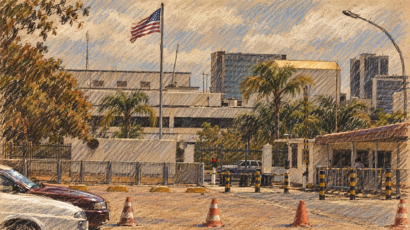 Courtroom-sketch editorial illustration of an archival September 2007 view of the U.S. Embassy entrance in Brasília, with a flagpole, palm trees, buildings, gatehouse, parked cars and traffic cones, rendered in warm ochre and slate-blue pastel strokes; institutional context, not the October 2026 police searches.