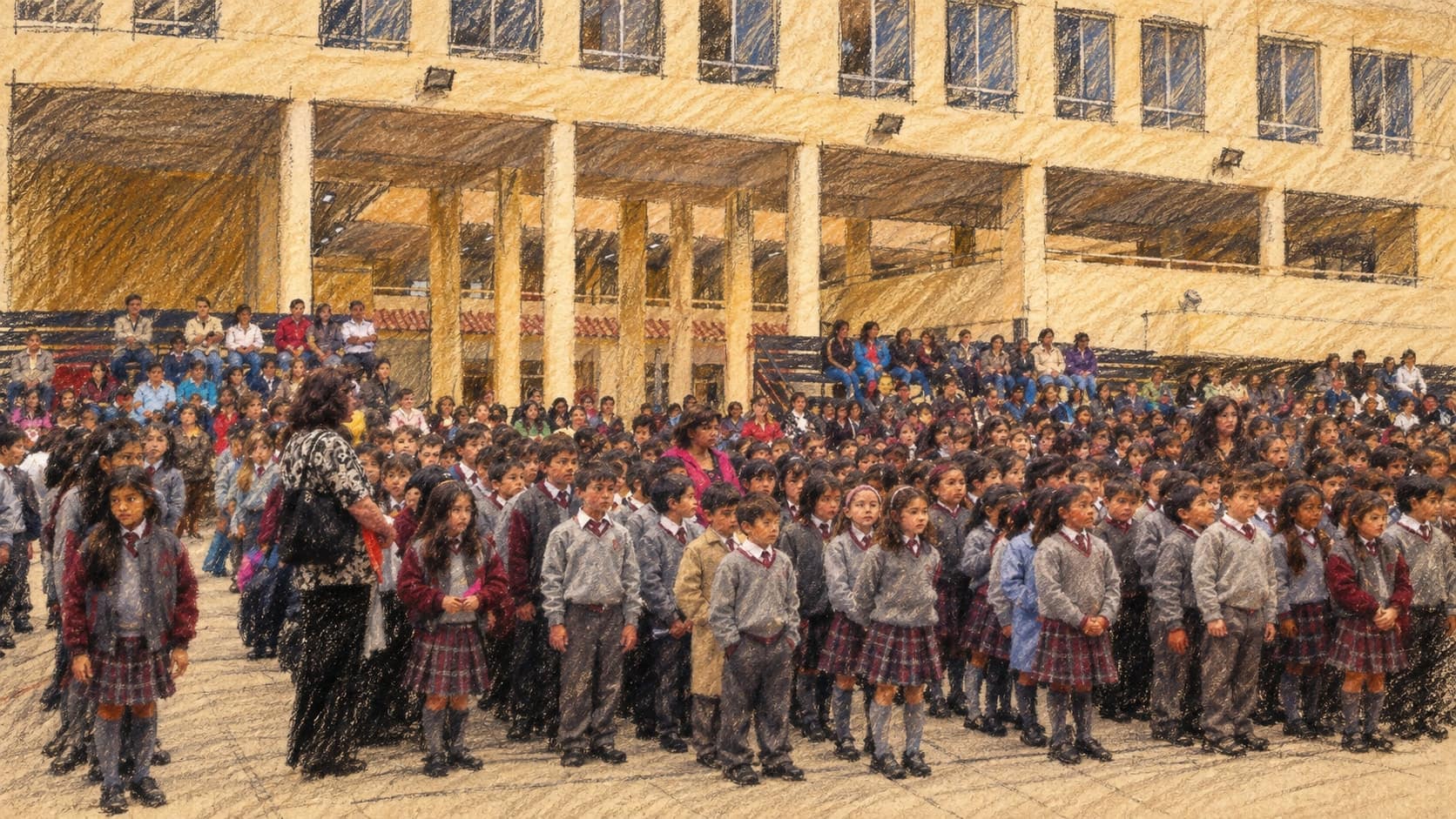 Courtroom-sketch editorial illustration of an archival 2009 school courtyard in Canela, Chile, with uniformed primary-school pupils assembled before a two-story yellow school building; educational context, not a depiction of the October 2026 budget announcement or computer-grant distribution, rendered in warm ochre and slate-blue pastel strokes.