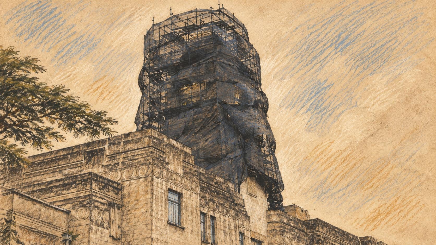 Courtroom-sketch editorial illustration of an archival July 2014 view of the Government Buildings clock tower in Suva, Fiji, wrapped in restoration scaffolding above its stone facade; institutional context, not a depiction of the October 2026 parliamentary vote, rendered in warm ochre and slate-blue pastel strokes.
