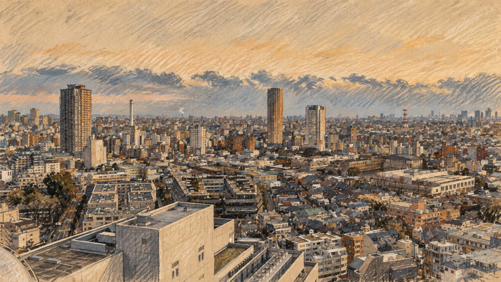 Courtroom-sketch editorial illustration of an archival January 2015 Tokyo skyline with two prominent towers and dense foreground buildings, rendered in warm ochre and slate-blue pastel strokes; geographical context, not the October 2026 agreement signing.