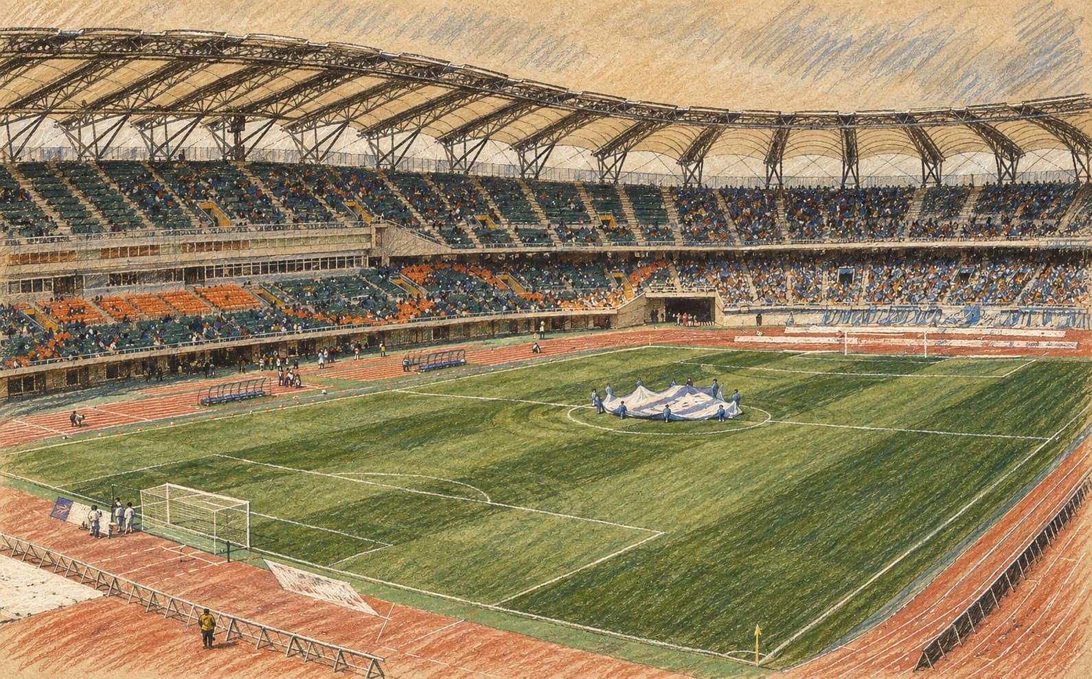 Courtroom-sketch editorial illustration of Shizuoka Stadium Ecopa in Fukuroi, based on an archival 2003 interior view rather than the 2026 final, rendered in warm ochre and slate-blue pastel strokes.