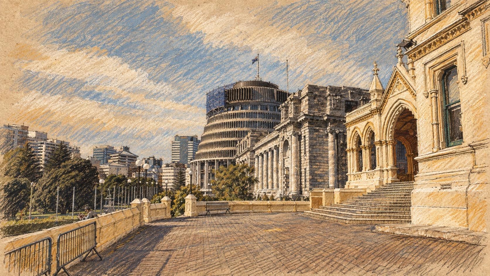 Courtroom-sketch editorial illustration of the New Zealand Parliament buildings in Wellington, with the Parliamentary Library on the right, Parliament House in the middle and the Beehive behind, based on an archival January 2014 photograph; government institutional context rather than a depiction of the October 2026 science investment-plan release, rendered in warm ochre and slate-blue pastel strokes.