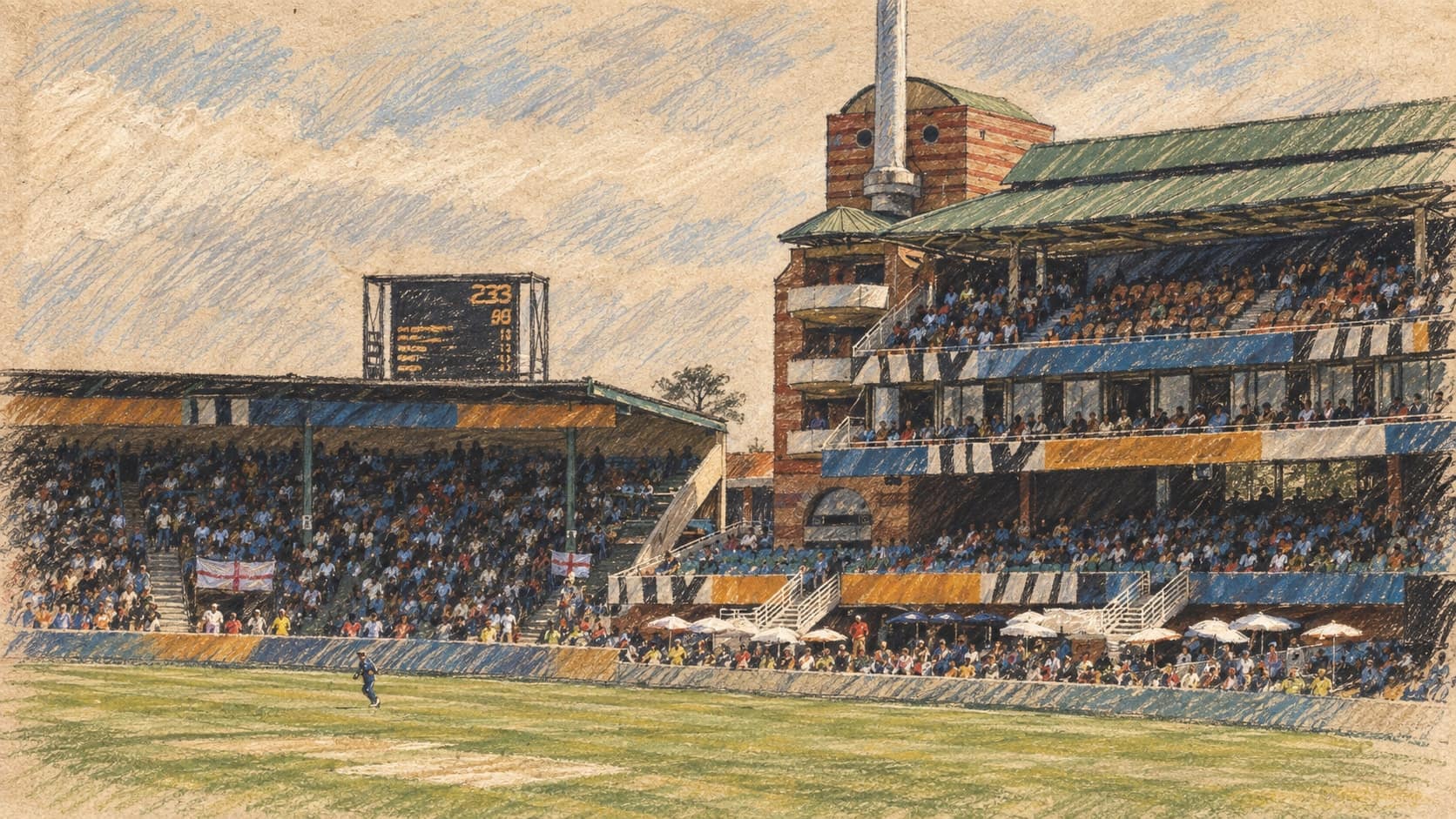 Courtroom-sketch editorial illustration of an archival 2003 view of St George's Oval in South Africa, with spectators in grandstands, a light mast and cricket outfield, rendered in warm ochre and slate-blue pastel strokes; contextual cricket imagery, not Mangaung Oval or Pretorius's October 2026 innings.
