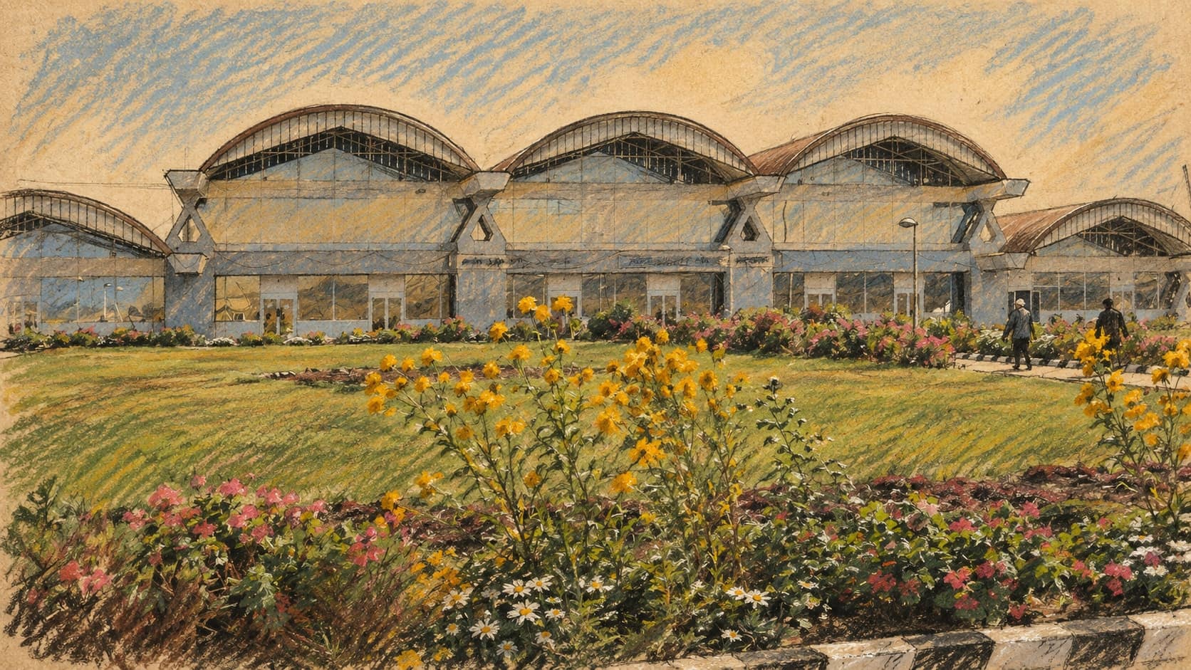 Courtroom-sketch editorial illustration of an archival May 2008 view of Mekelle Airport's terminal with curved roofs, a lawn and flowers in the foreground, and distant people near the entrance; geographic context, not a depiction of the October 2026 troop movements or fighting, rendered in warm ochre and slate-blue pastel strokes.