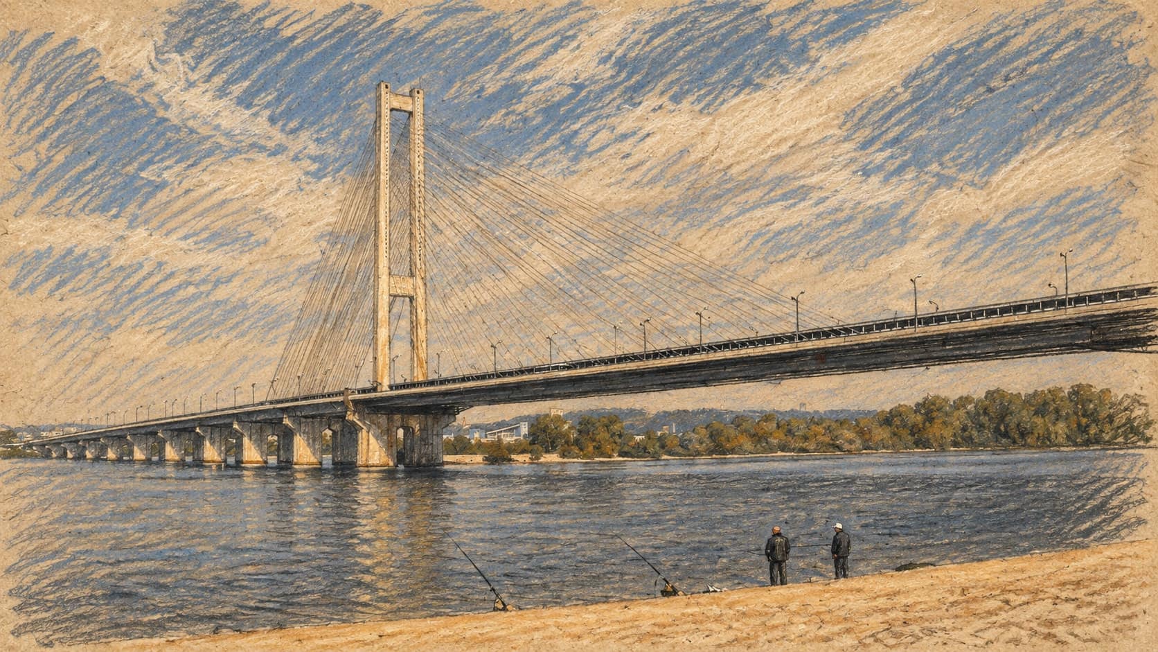 Courtroom-sketch editorial illustration of an archival September 2010 view of Kyiv's intact Southern Bridge across the Dnipro, with its cable-stayed pylon, a sandy riverbank and two anglers; contextual view, not a depiction of the October 2026 attack, rendered in warm ochre and slate-blue pastel strokes.