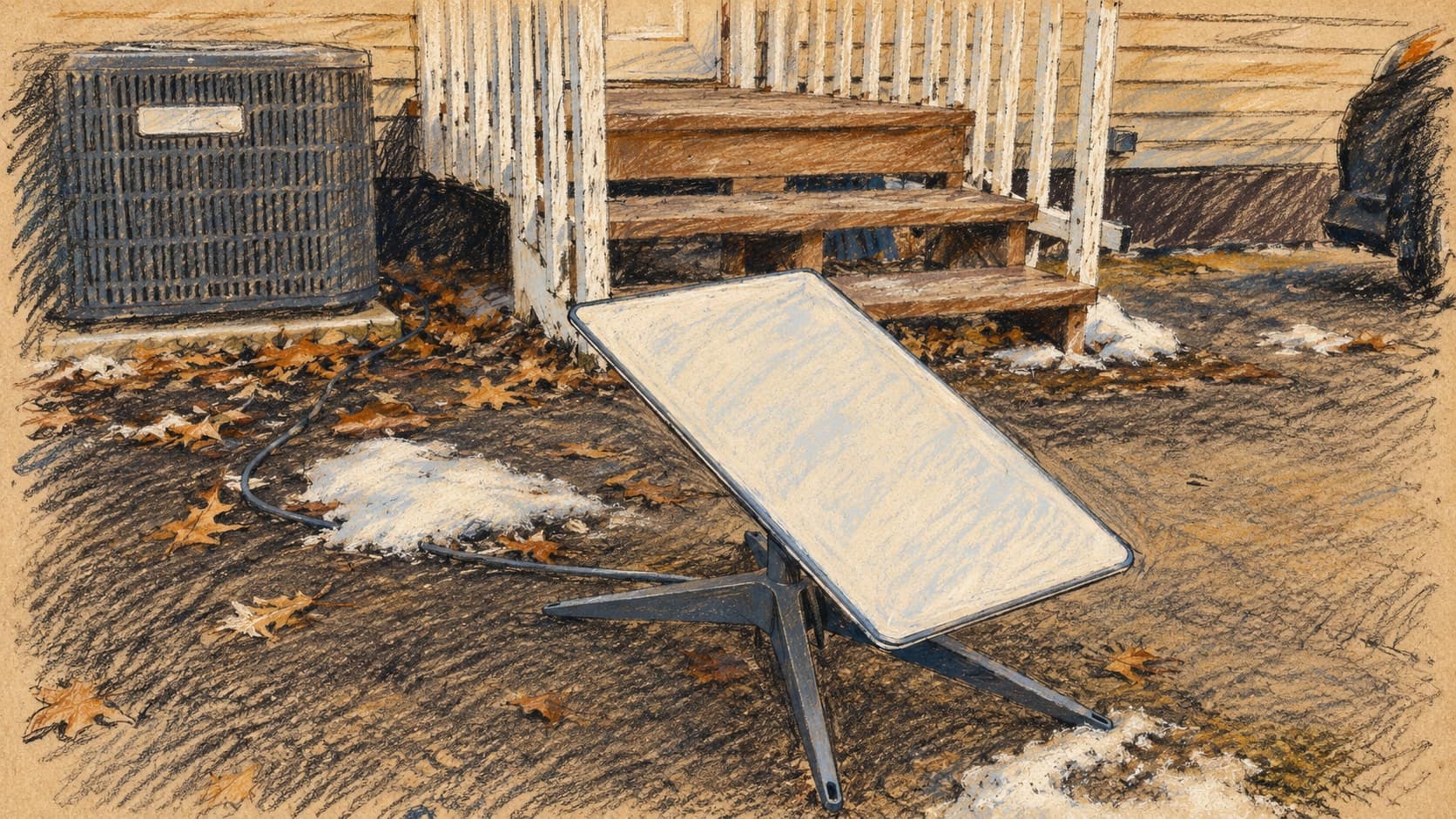Courtroom-sketch editorial illustration of an archival January 2024 Starlink receiving dish on a tripod beside residential porch steps in the United States, with an air-conditioning unit, scattered leaves and melting snow; equipment context, not a European sabotage target or an actual attack, rendered in warm ochre and slate-blue pastel strokes.