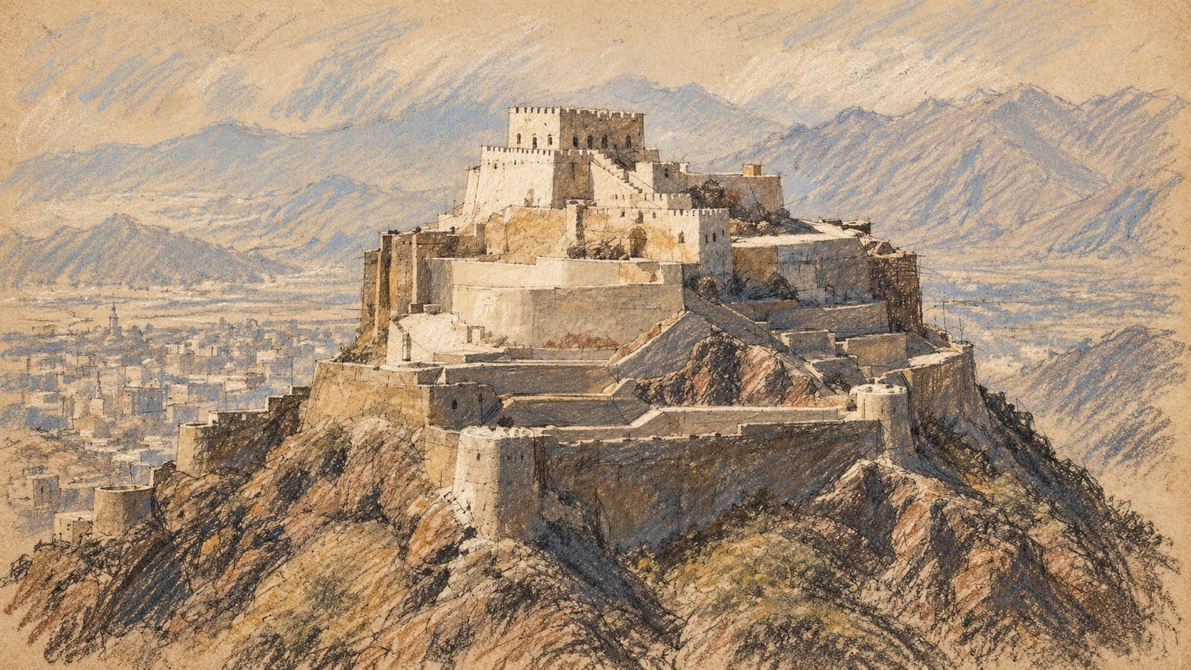 Courtroom-sketch editorial illustration of an archival 2004 view of Al-Qahira Castle in Ta’iz, Yemen, with stepped stone terraces on a rocky hill, the city below and mountains behind; geographic context, not a depiction of the October 2026 hunger monitoring, fighting or aid distribution, rendered in warm ochre and slate-blue pastel strokes.