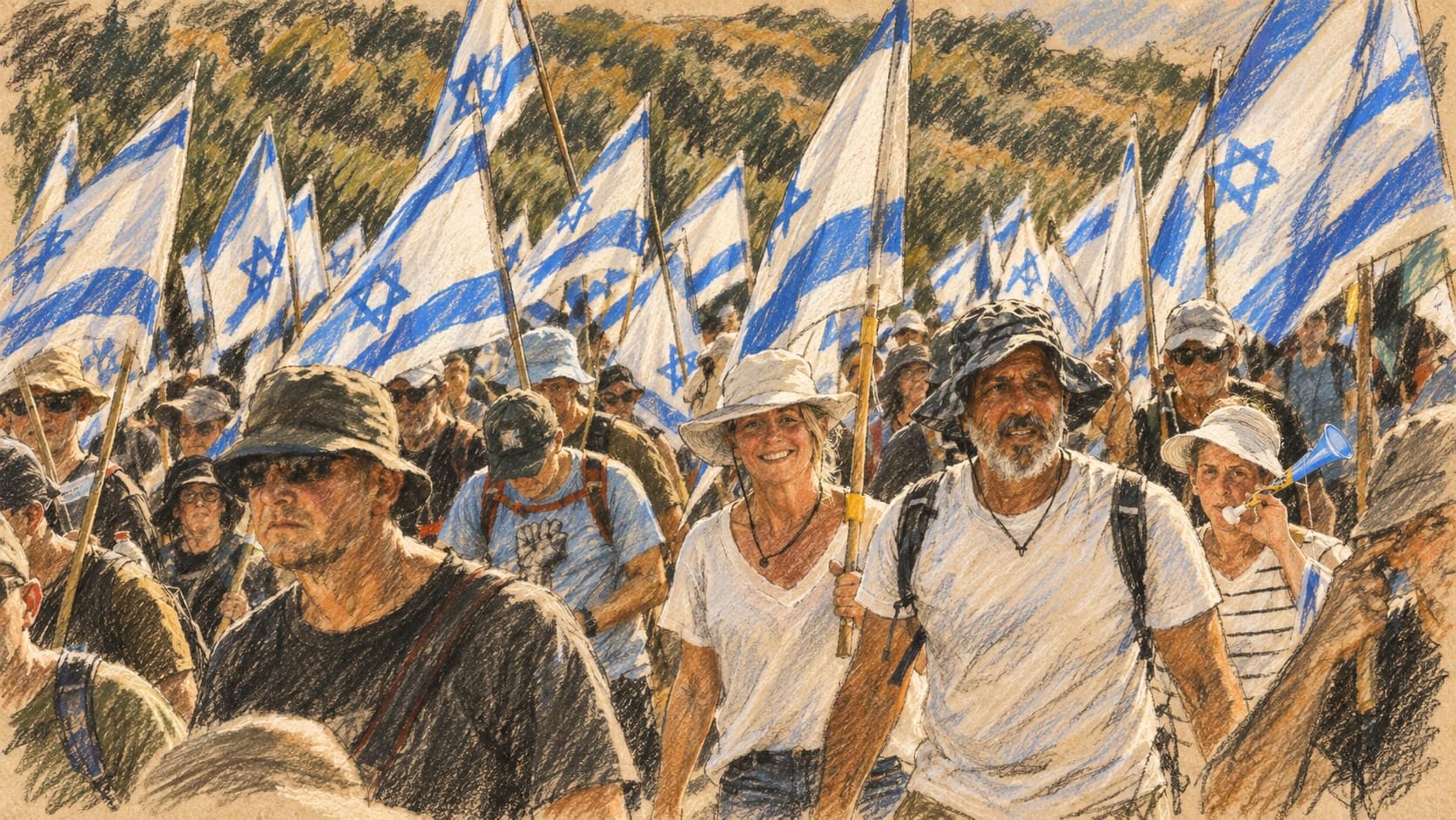 Courtroom-sketch editorial illustration of marchers carrying Israeli flags during an archival July 2023 protest march from Tel Aviv toward Jerusalem; contextual illustration, not a depiction of the October 2026 protests or reported Kabri clash, rendered in warm ochre and slate-blue pastel strokes.
