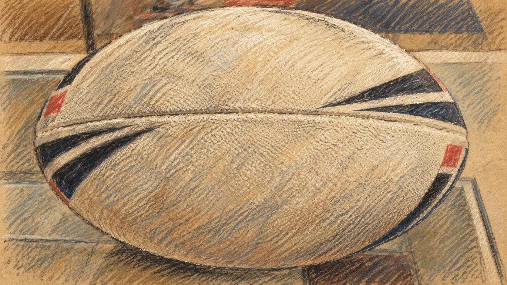 Courtroom-sketch editorial illustration of an archival 2008 close-up of a rugby league ball on a glass surface; contextual sports artwork, not a depiction of the October 2026 Australia–Papua New Guinea match, rendered in warm ochre and slate-blue pastel strokes.