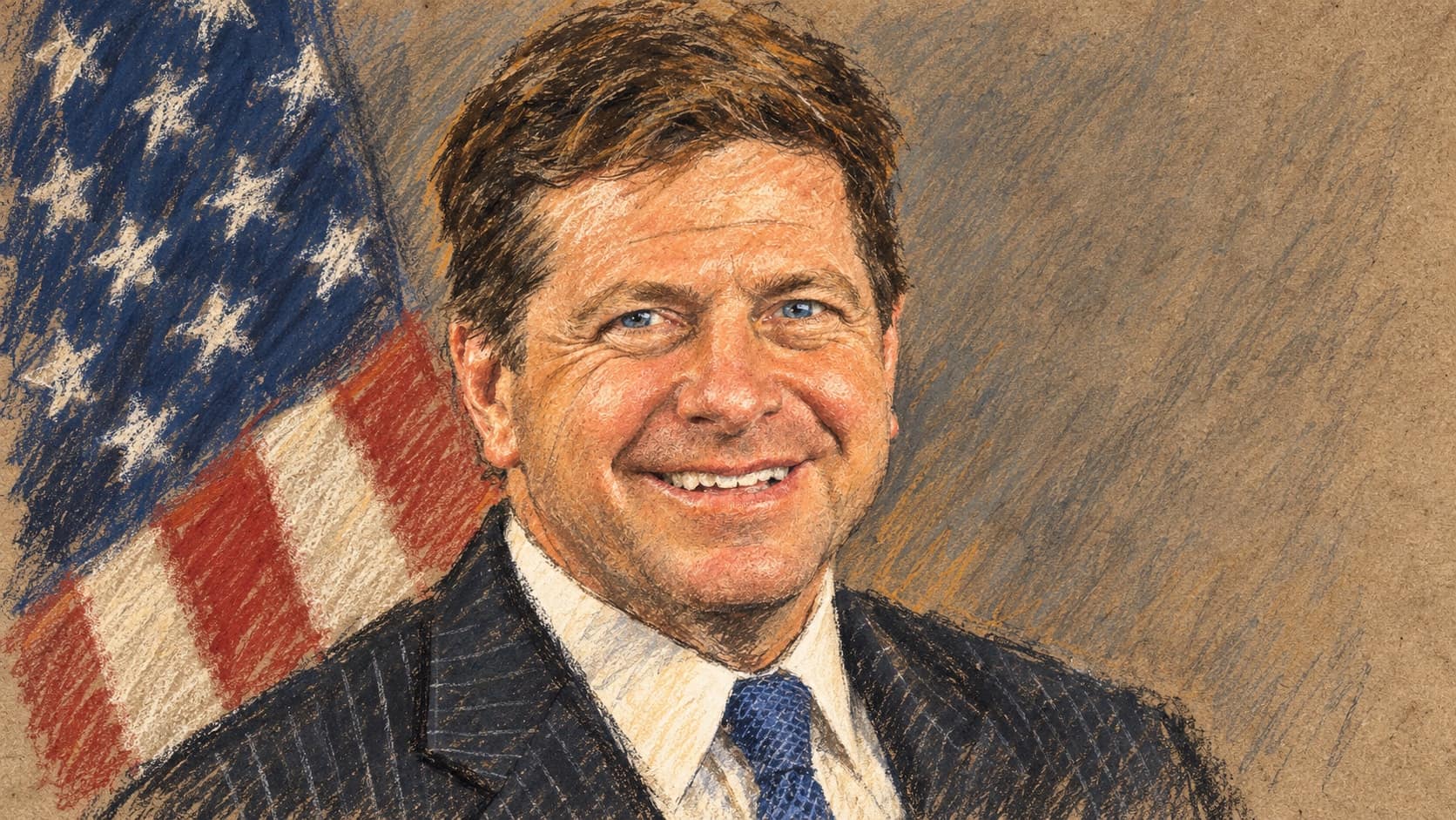 Courtroom-sketch editorial illustration of Jay Clayton in a dark suit and blue tie with an American flag behind him, based on his archival May 2017 SEC portrait; contextual illustration, not a depiction of the October 2026 task-force appointment, rendered in warm ochre and slate-blue pastel strokes.