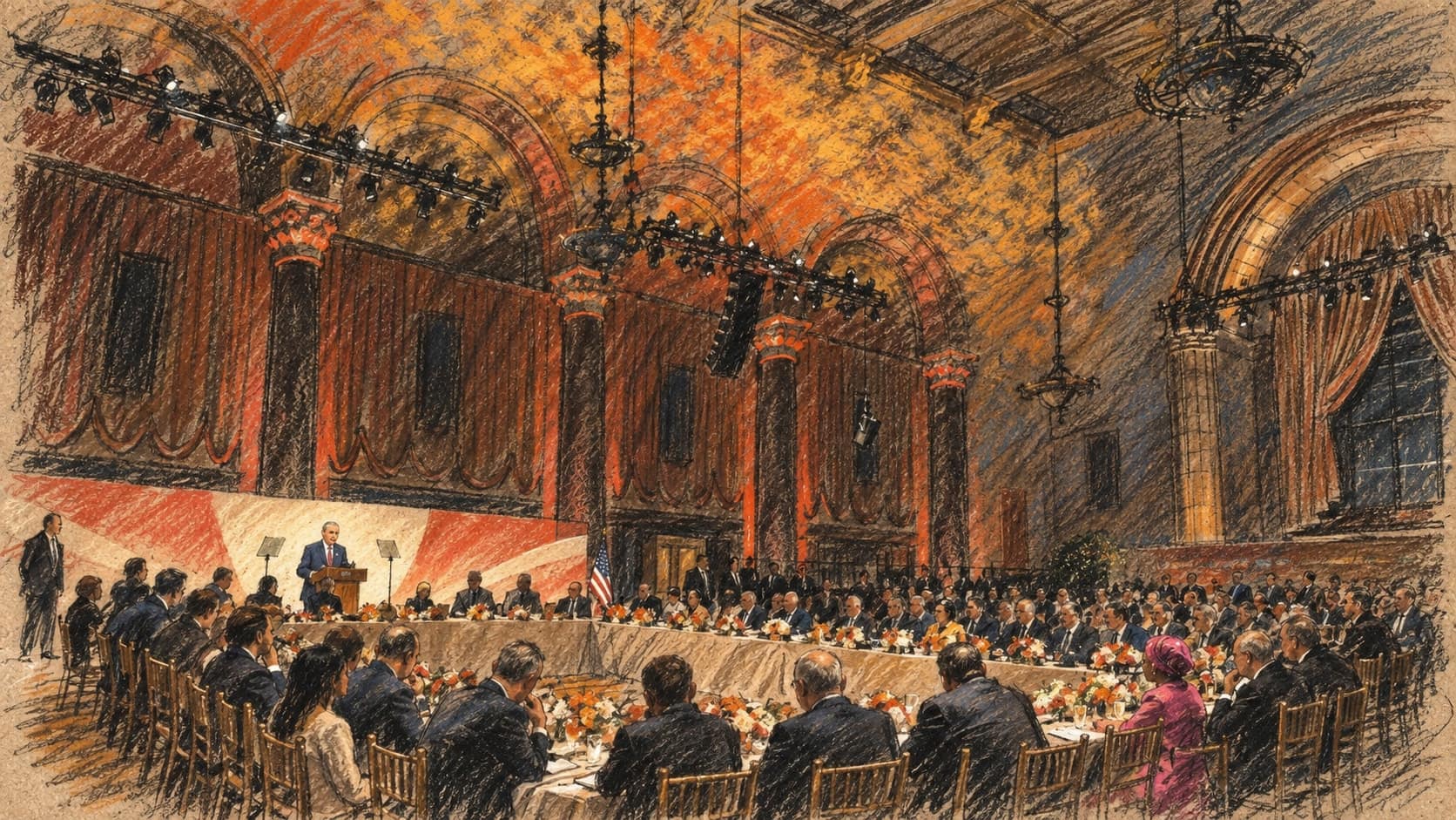 Courtroom-sketch editorial illustration of Erdoğan speaking from a stage before seated guests in an ornate ballroom at the archival September 2023 TRICON business conference; contextual art, not a depiction of the October 2026 hospital speech, rendered in warm ochre and slate-blue pastel strokes.