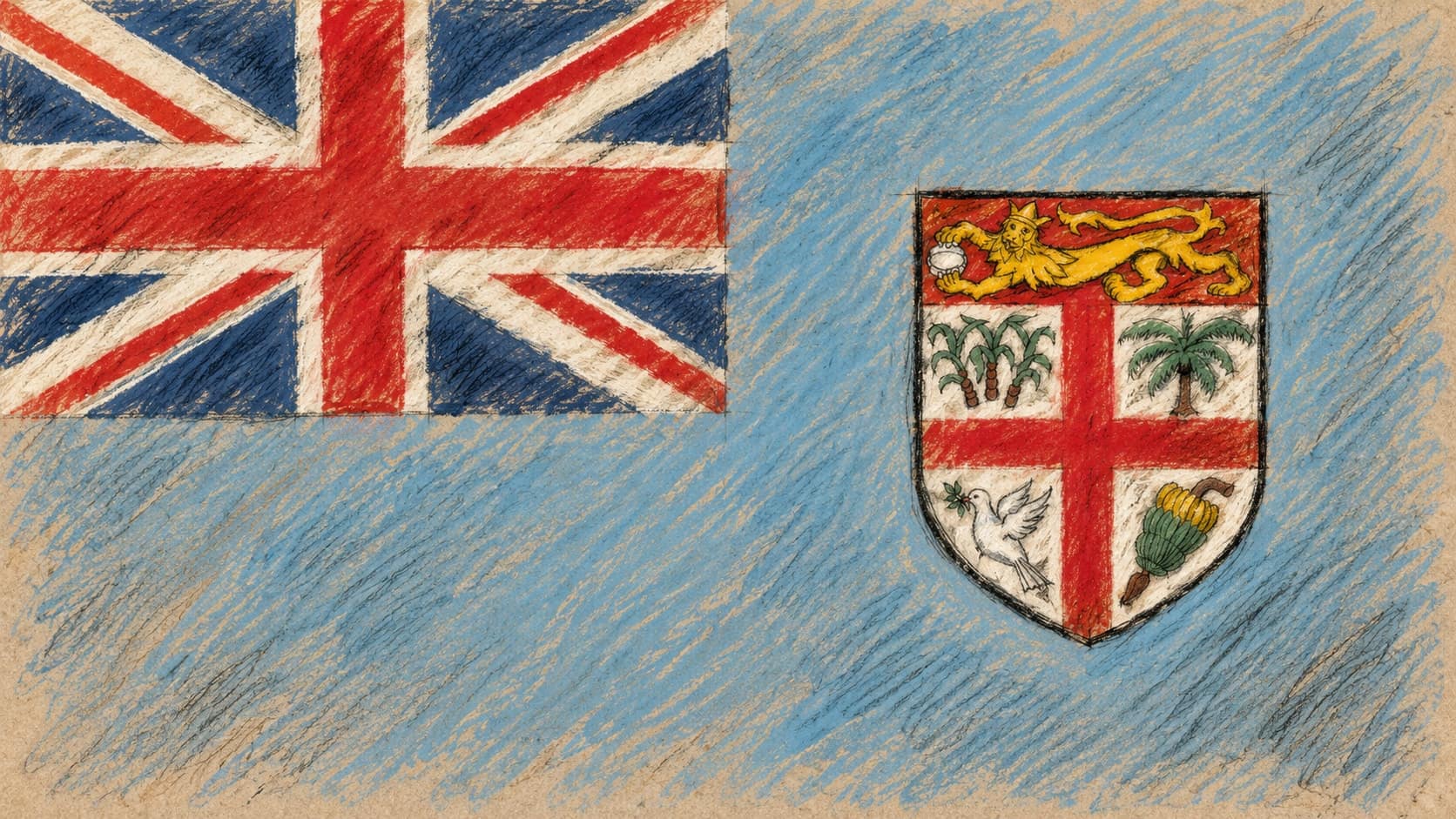 Courtroom-sketch editorial illustration of the Fiji national flag, with its Union Jack and national shield on a light-blue field; symbolic country context, not a depiction of the October 2026 constitutional analysis, a parliamentary vote or an election, rendered in warm ochre and slate-blue pastel strokes.