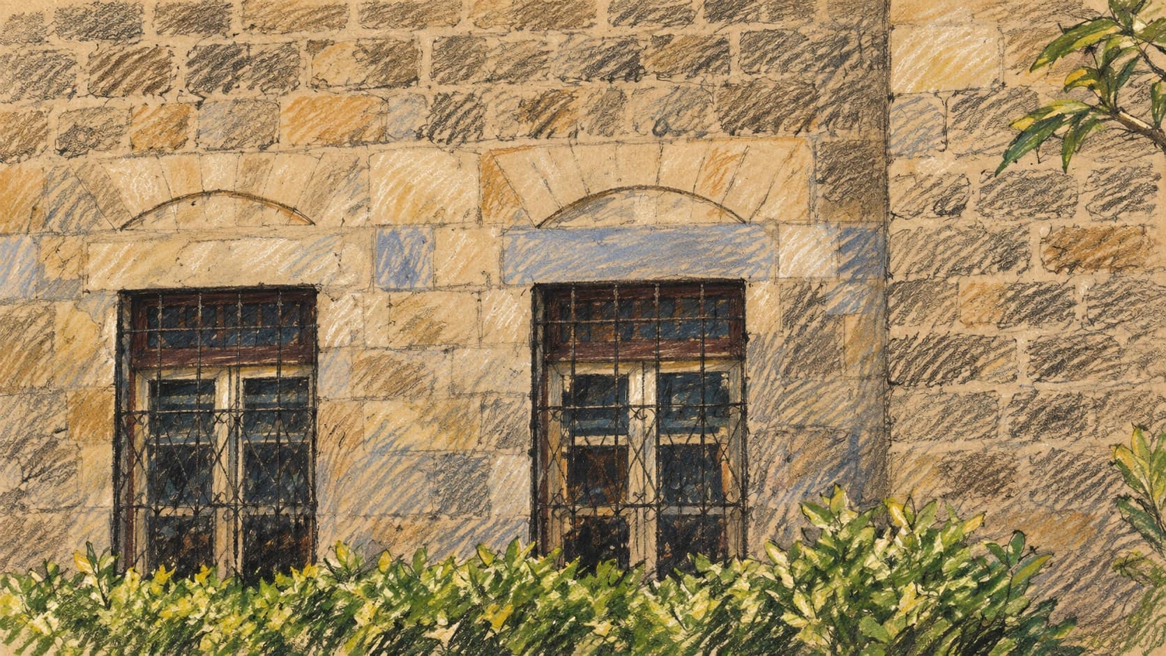 Courtroom-sketch editorial illustration of the archival Qasr al-Basha stone facade in Gaza's Old City, based on a photo uploaded in 2008, rendered in warm ochre and slate-blue pastel strokes; contextual city view, not the October 3 strike site.