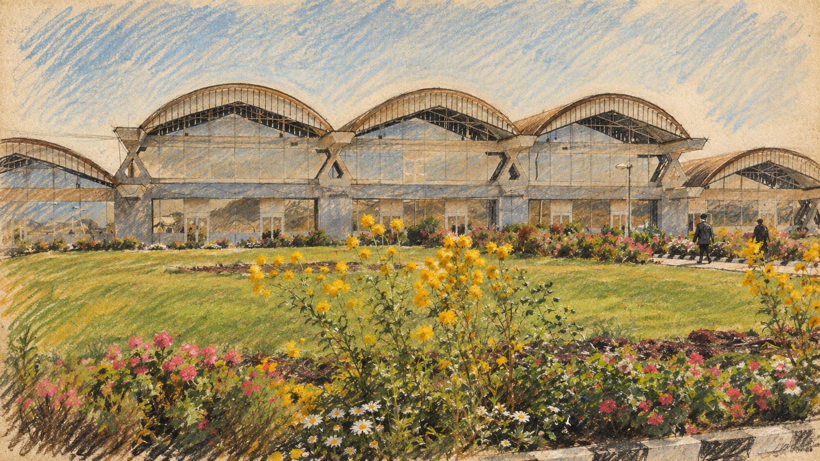 Courtroom-sketch editorial illustration of an archival May 2008 exterior of Mekelle Airport, Ethiopia, with arched terminal roofs, a lawn and yellow and pink flower beds; geographic context, not a depiction of the October 2026 military presence in Mekelle, rendered in warm ochre and slate-blue pastel strokes.