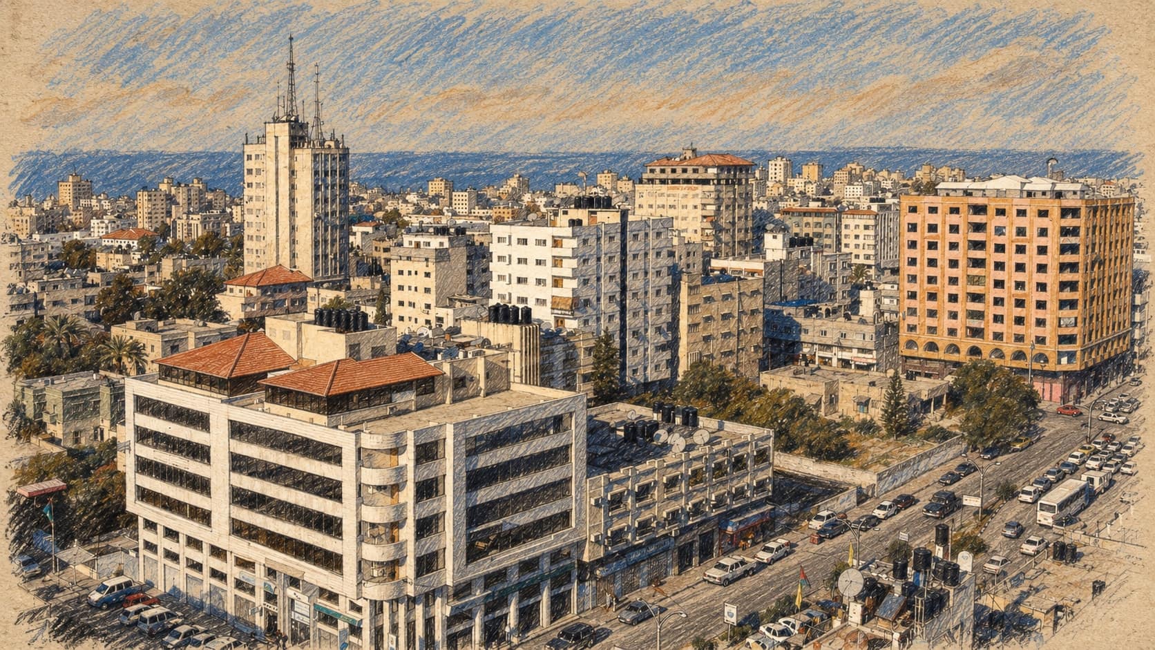 Courtroom-sketch editorial illustration of an archival 2007 Gaza City panorama, with intact buildings, a busy street and the Mediterranean horizon; contextual city view, not a depiction of the reported strike, rendered in warm ochre and slate-blue pastel strokes.