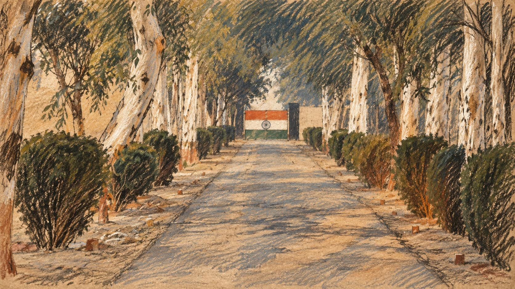 Courtroom-sketch editorial illustration of an archival 2007 tree-lined lane leading to an Indian border gate near Sialkot; geographic context, not a depiction of the October 2026 Ferozepur–Bedian shooting or diplomatic meetings, rendered in warm ochre and slate-blue pastel strokes.