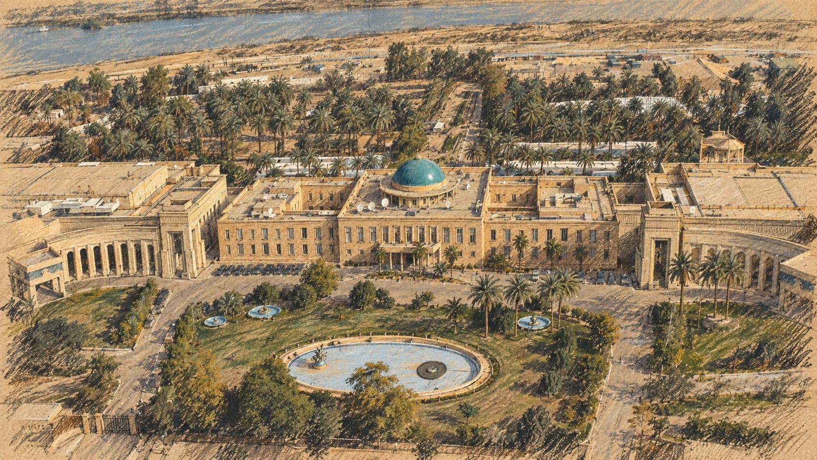 Courtroom-sketch editorial illustration of an archival aerial view of Baghdad's Republican Palace, with its turquoise dome, landscaped fountain and palms, and the Tigris River behind; contextual Iraqi institution image, not the October 2 emergency meeting, rendered in warm ochre and slate-blue pastel strokes.