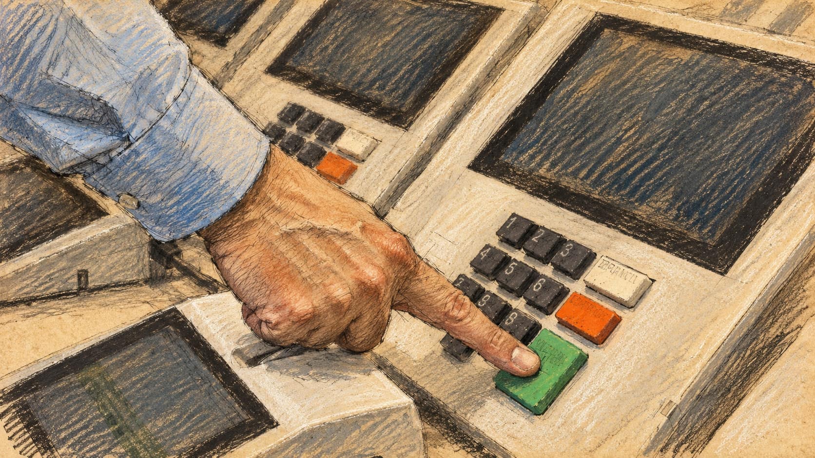 Courtroom-sketch editorial illustration of an archival December 2021 Brazilian electronic voting machine with a hand pressing its green confirmation key and other machines behind it; contextual voting equipment, not a photograph of the October 2026 election or either presidential candidate, rendered in warm ochre and slate-blue pastel strokes.