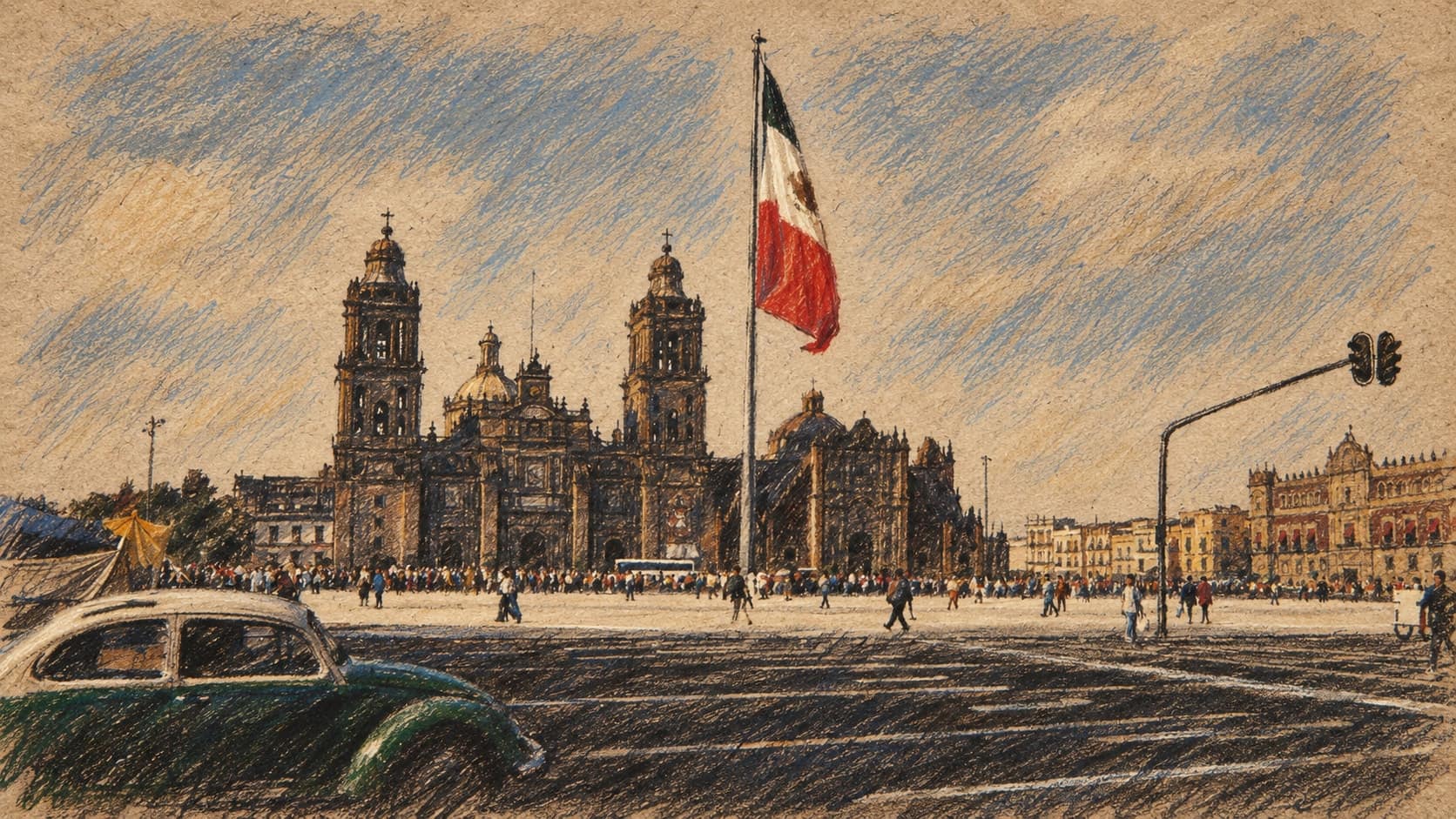 Courtroom-sketch editorial illustration of an archival April 2001 view of Mexico City’s Zócalo, with the Metropolitan Cathedral, central Mexican flag, distant pedestrians and a green Volkswagen Beetle, rendered in warm ochre and slate-blue pastel strokes; geographical context, not the October 2026 commemoration march.