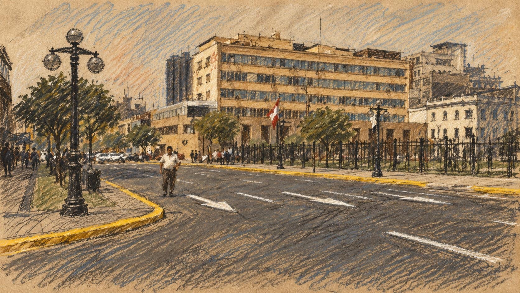 Courtroom-sketch editorial illustration of an archival exterior of Peru’s Jurado Nacional de Elecciones in Lima, with a streetlamp, pedestrian, asphalt road, metal fence and Peruvian flag; institutional context, not a depiction of the October 2026 election or alcohol-sales ban, rendered in warm ochre and slate-blue pastel strokes.