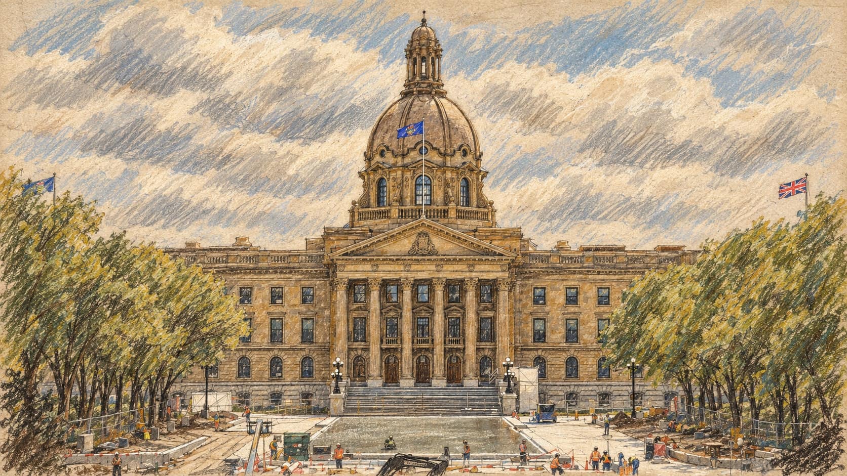 Courtroom-sketch editorial illustration of an archival June 2024 exterior of the Alberta Legislature Building in Edmonton, with its stone dome, trees and entrance plaza beneath cloudy skies; institutional context, not a depiction of the October 2026 release of federal notes, rendered in warm ochre and slate-blue pastel strokes.