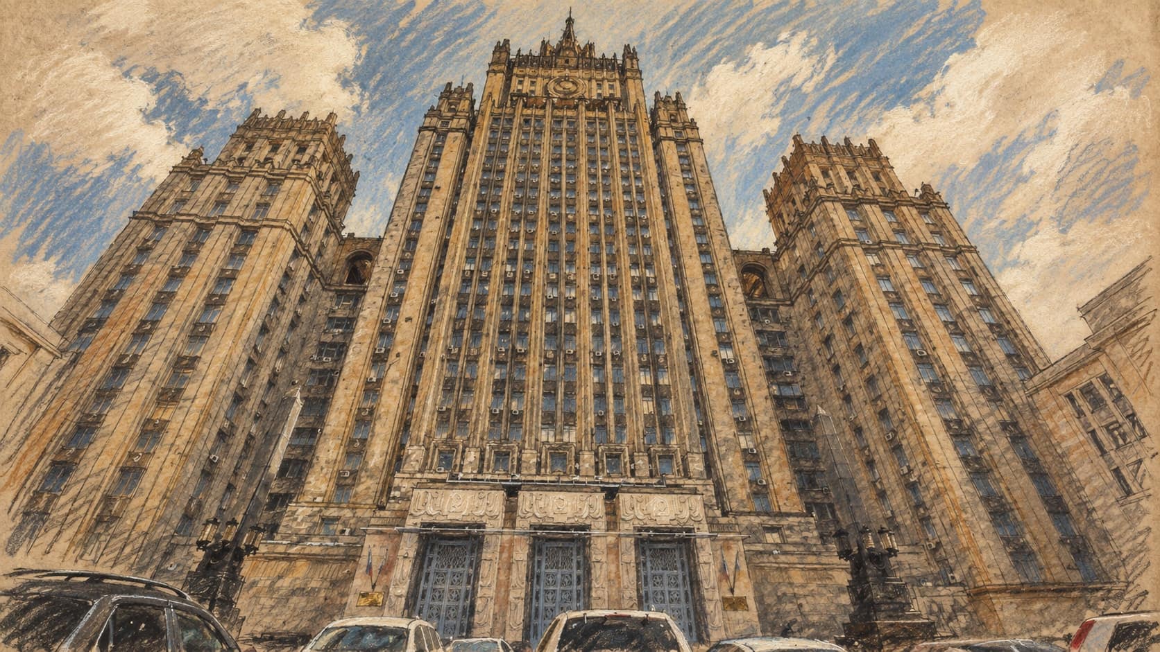 Courtroom-sketch editorial illustration of an archival August 2016 exterior of Russia's Foreign Ministry in Moscow, with its tall stone tower, side wings and parked cars; institutional context, not a depiction of the October 2026 warning or a strike, rendered in warm ochre and slate-blue pastel strokes.