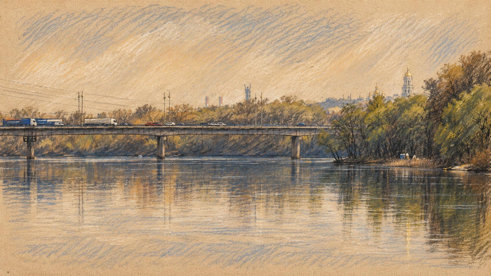 Courtroom-sketch editorial illustration of an archival April 2015 view of the eastern section of Kyiv's Northern Bridge over the Desenka River, with distant vehicles, trees and calm reflections; contextual view, not a depiction of the October 3 strike damage, rendered in warm ochre and slate-blue pastel strokes.