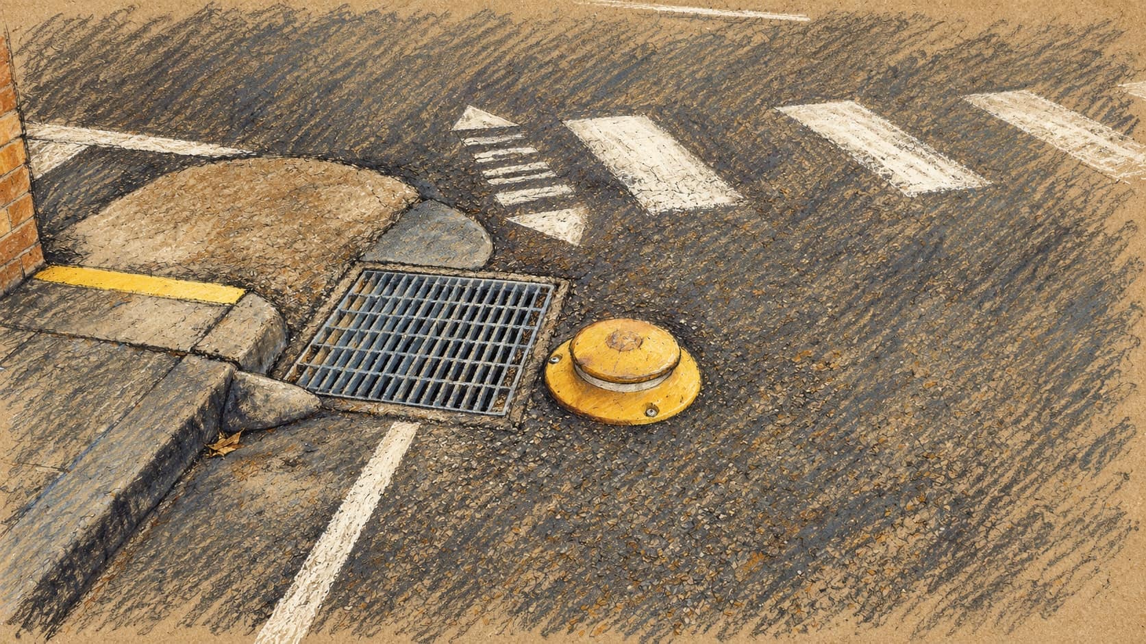 Courtroom-sketch editorial illustration of an archival December 2012 road-safety marker beside a storm drain and pedestrian crossing in Shortland, Newcastle, rendered in warm ochre and slate-blue pastel strokes; contextual road imagery, not the October 2026 Wallsend crash scene.