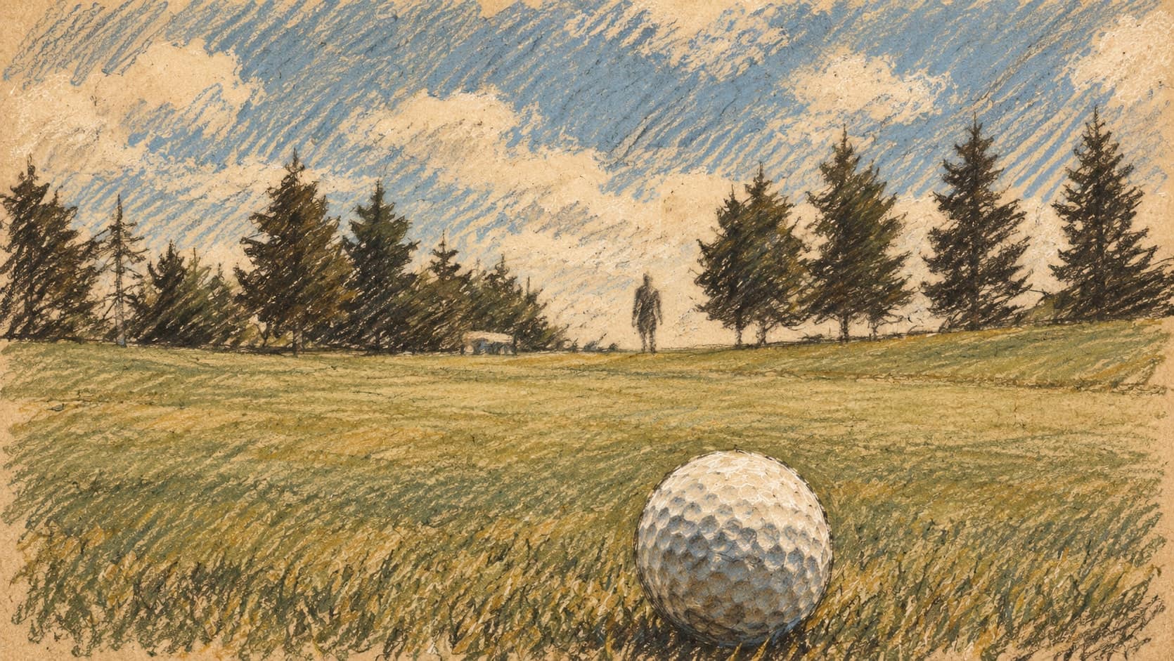 Courtroom-sketch editorial illustration of an archival golf ball on a green, with trees, clouds and a distant figure; contextual golf imagery, not Tom Kim, Kasugai Country Club or the October 3 competition, rendered in warm ochre and slate-blue pastel strokes.