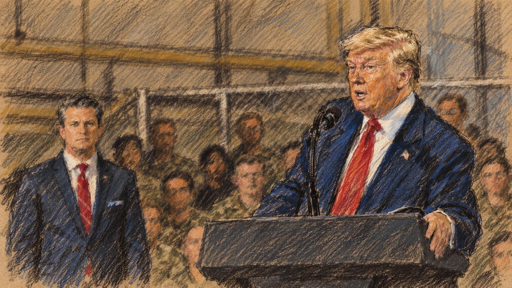 Courtroom-sketch editorial illustration of Donald Trump speaking at a podium with Pete Hegseth and an audience behind him, based on an archival April 29, 2025 photograph at Selfridge Air National Guard Base in Michigan, rendered in warm ochre and slate-blue pastel strokes.