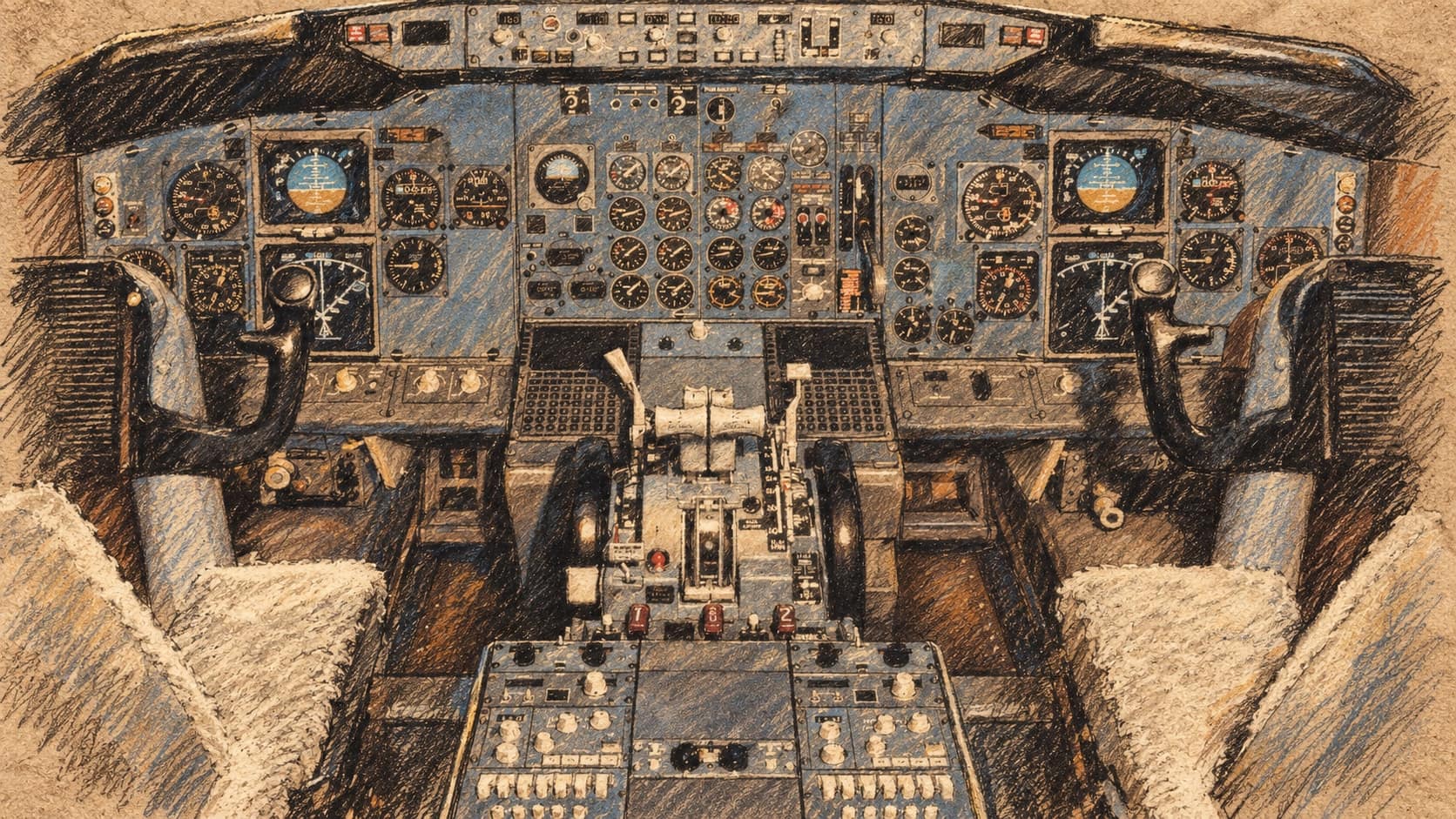 Courtroom-sketch editorial illustration of an archival early Boeing 737-300 cockpit with two empty seats, control yokes, round gauges and a central throttle console; contextual aviation image, not the incident aircraft or the September 30 attack, rendered in warm ochre and slate-blue pastel strokes.