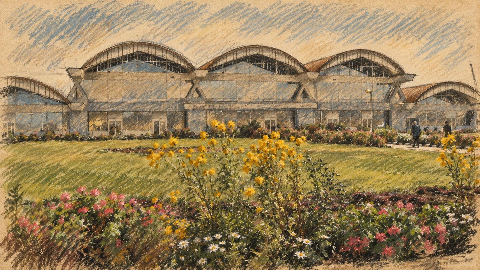 Courtroom-sketch editorial illustration of an archival May 2008 view of Mekelle Airport's curved-roof terminal across a lawn and flowerbeds; contextual place image, not the reported October 3 departures or fighting, rendered in warm ochre and slate-blue pastel strokes.
