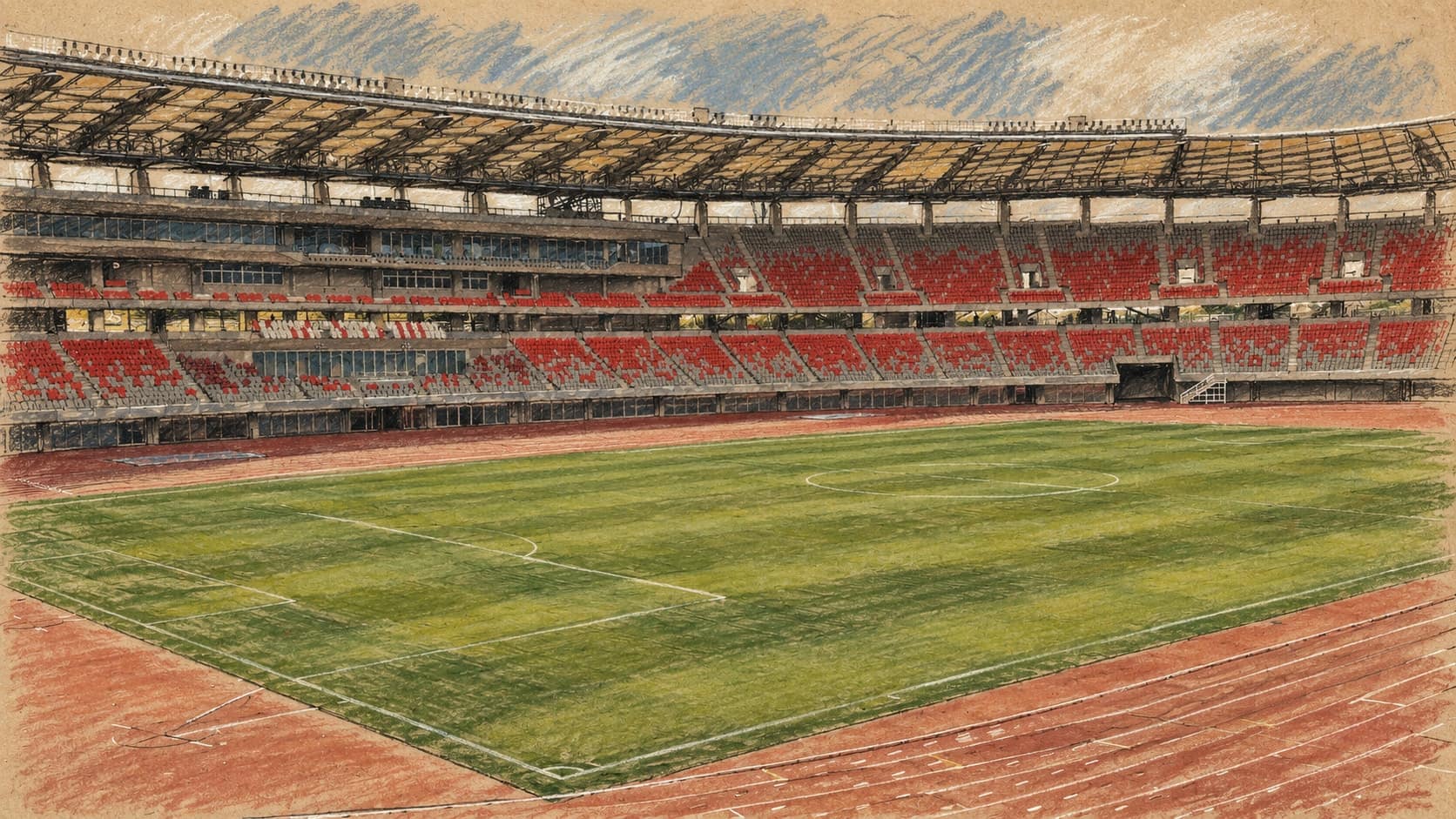 Courtroom-sketch editorial illustration of an archival May 2026 interior view of Nagoya's Mizuho athletic stadium, with an empty green field, red running track and roofed red-and-gray stands; venue context, not the October 4 closing ceremony or flag handover, rendered in warm ochre and slate-blue pastel strokes.