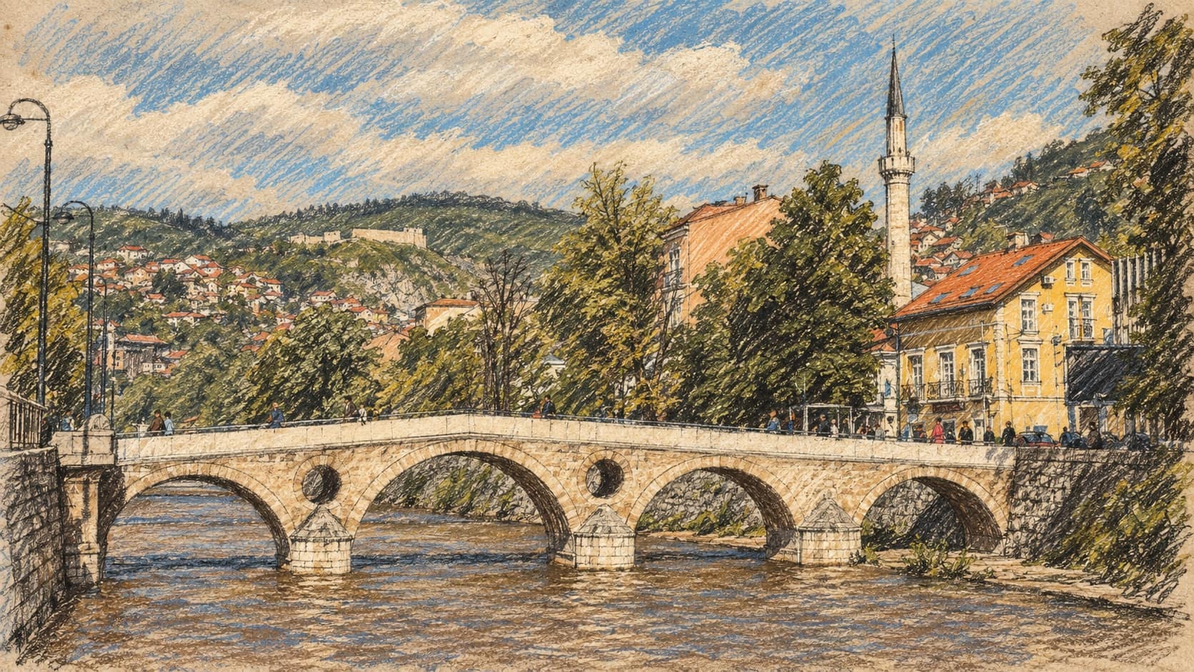Courtroom-sketch editorial illustration of an archival May 2012 view of the Latin Bridge over the Miljacka River in Sarajevo, with riverside buildings, leafy trees, a slender minaret and green hills; capital-city context, not October 2026 voting or the preliminary presidency count, rendered in warm ochre and slate-blue pastel strokes.