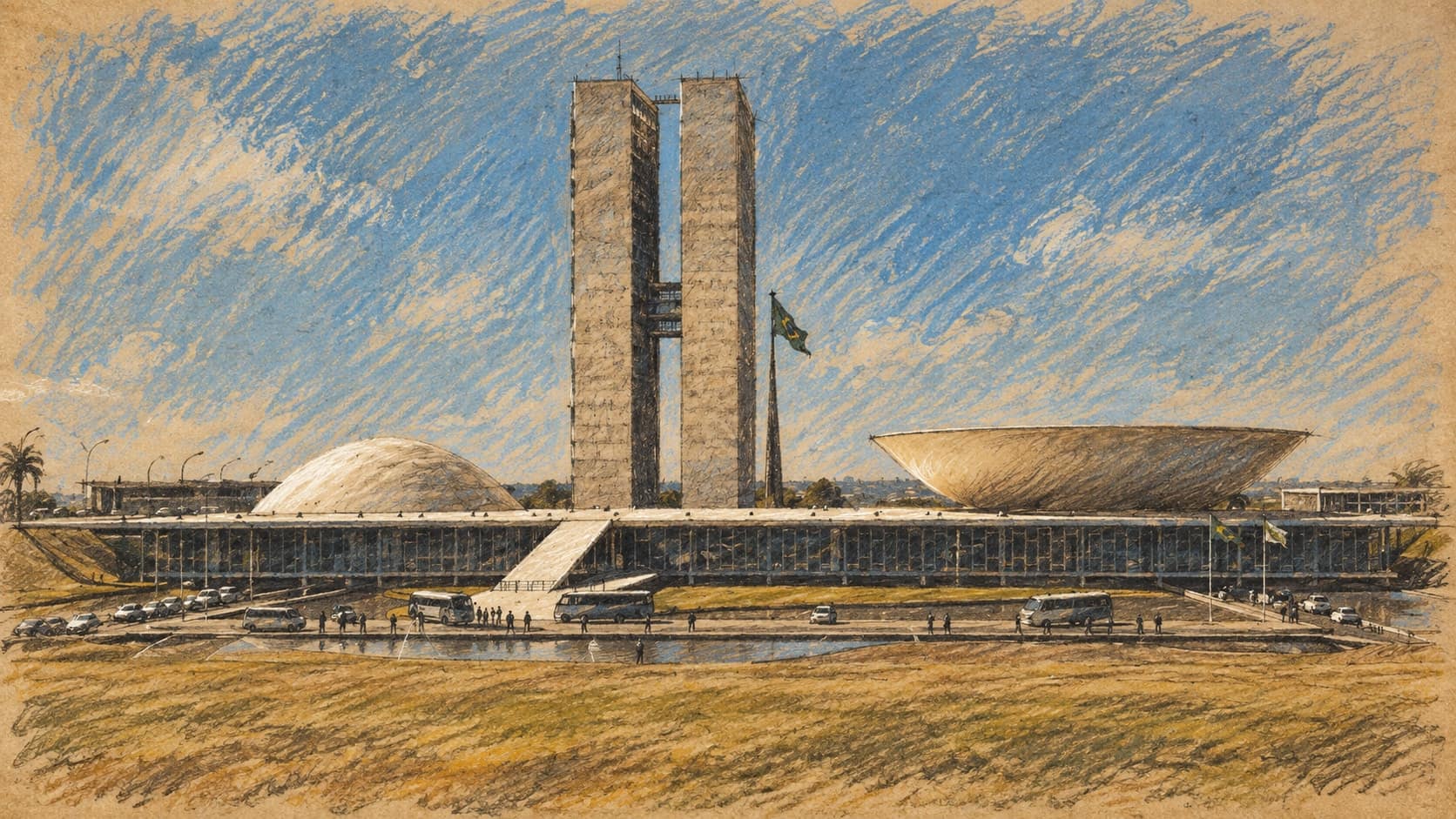 Courtroom-sketch editorial illustration of an archival August 2015 exterior view of the National Congress in Brasília, with twin towers, domed and bowl-shaped chambers, flagpole, road and lawn; institutional context, not October 2026 polling or counting, rendered in warm ochre and slate-blue pastel strokes.