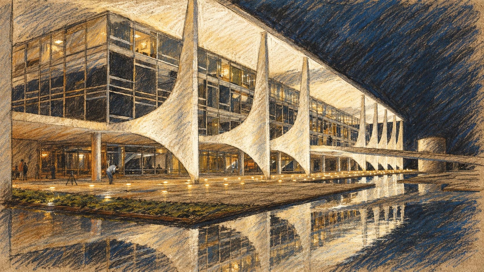 Courtroom-sketch editorial illustration of an archival night view of the Palácio do Planalto in Brasília, with its illuminated glass facade, curved white supports and reflecting pool; institutional context for Brazil's presidential election, not a depiction of October 2026 polling, rendered in warm ochre and slate-blue pastel strokes.