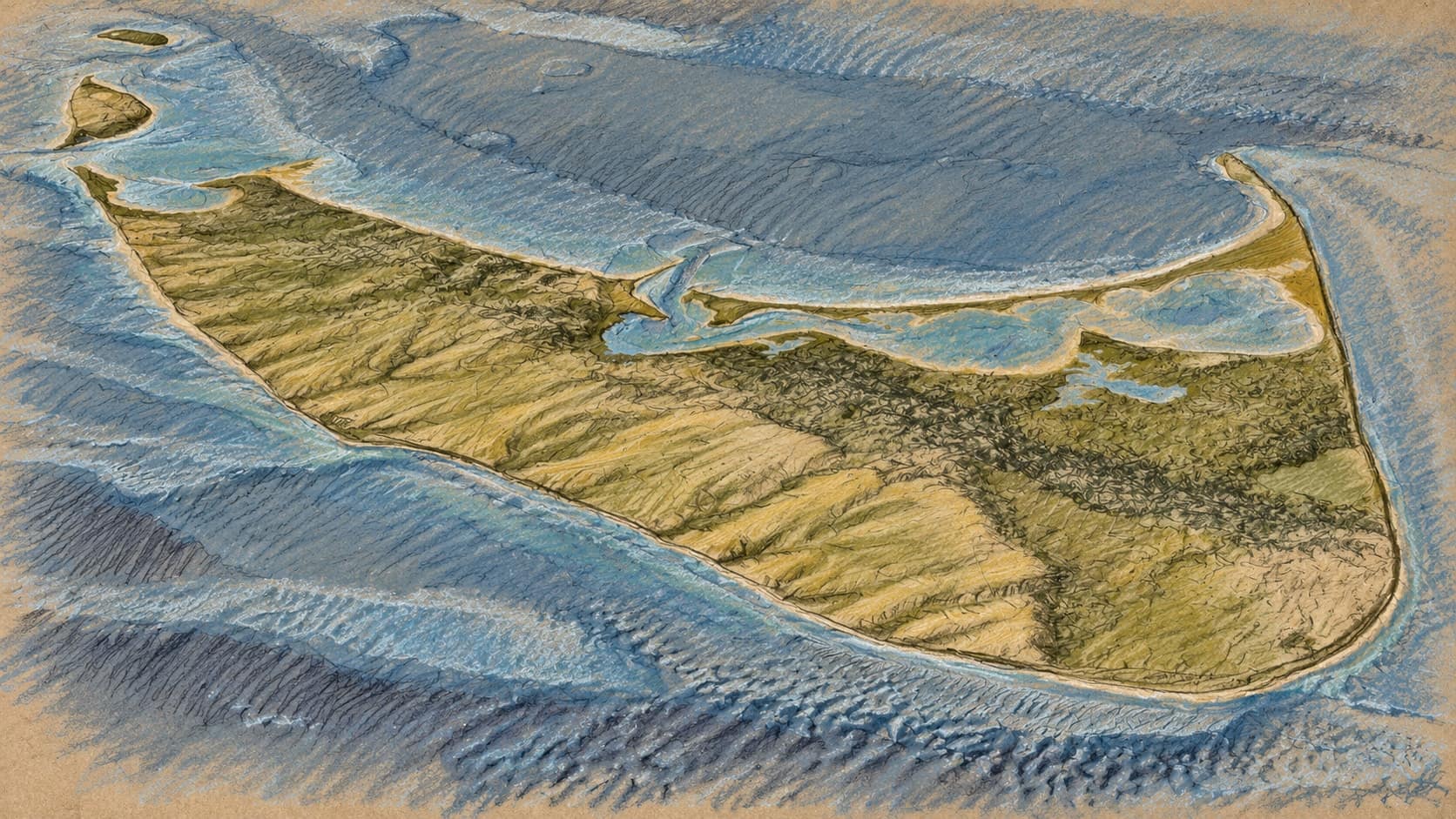 Courtroom-sketch editorial illustration of an archival 2020 USGS bathymetry and elevation model of Nantucket Island and surrounding seafloor, viewed from southeast to northwest; geographic context, not a depiction of the missing medical jet or current search, rendered in warm ochre and slate-blue pastel strokes.