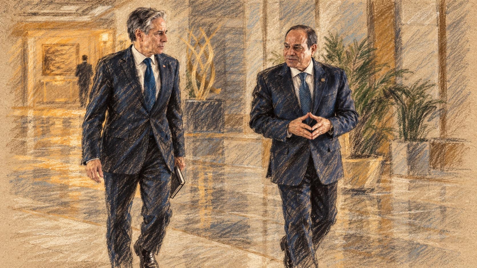 Courtroom-sketch editorial illustration of Antony Blinken at left and Abdel Fattah El-Sisi at right walking through a marble hall in Al Alamein, based on their archival August 20, 2024 meeting in Al Alamein, shown as diplomatic context and rendered in warm ochre and slate-blue pastel strokes.