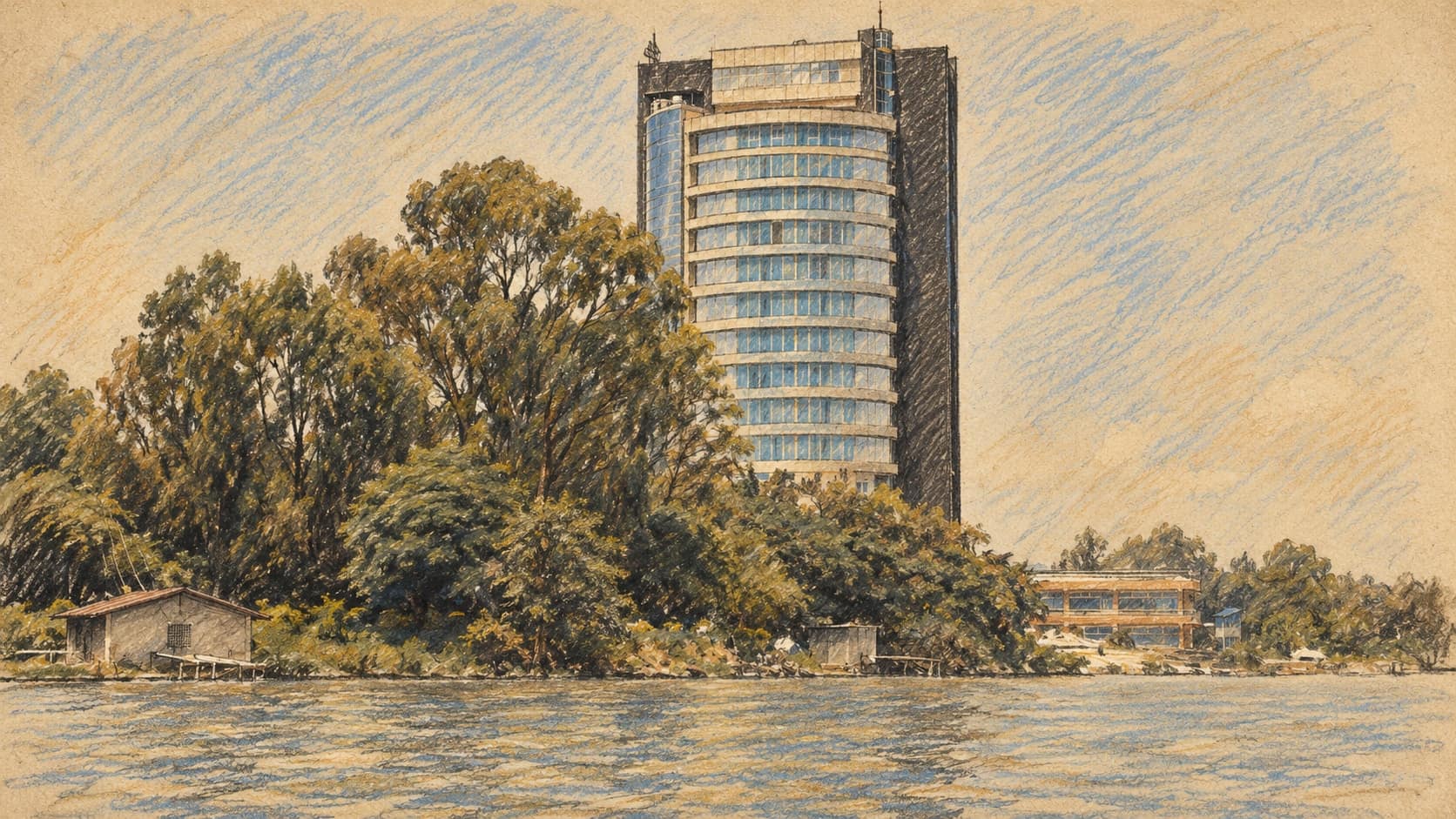 Courtroom-sketch editorial illustration of an archival September 2016 Lake Tana waterfront view in Bahir Dar, Ethiopia, with water, trees and a tall rounded building; geographic water-resource context, not Magech Dam or the reported October 2026 minister statement, rendered in warm ochre and slate-blue pastel strokes.