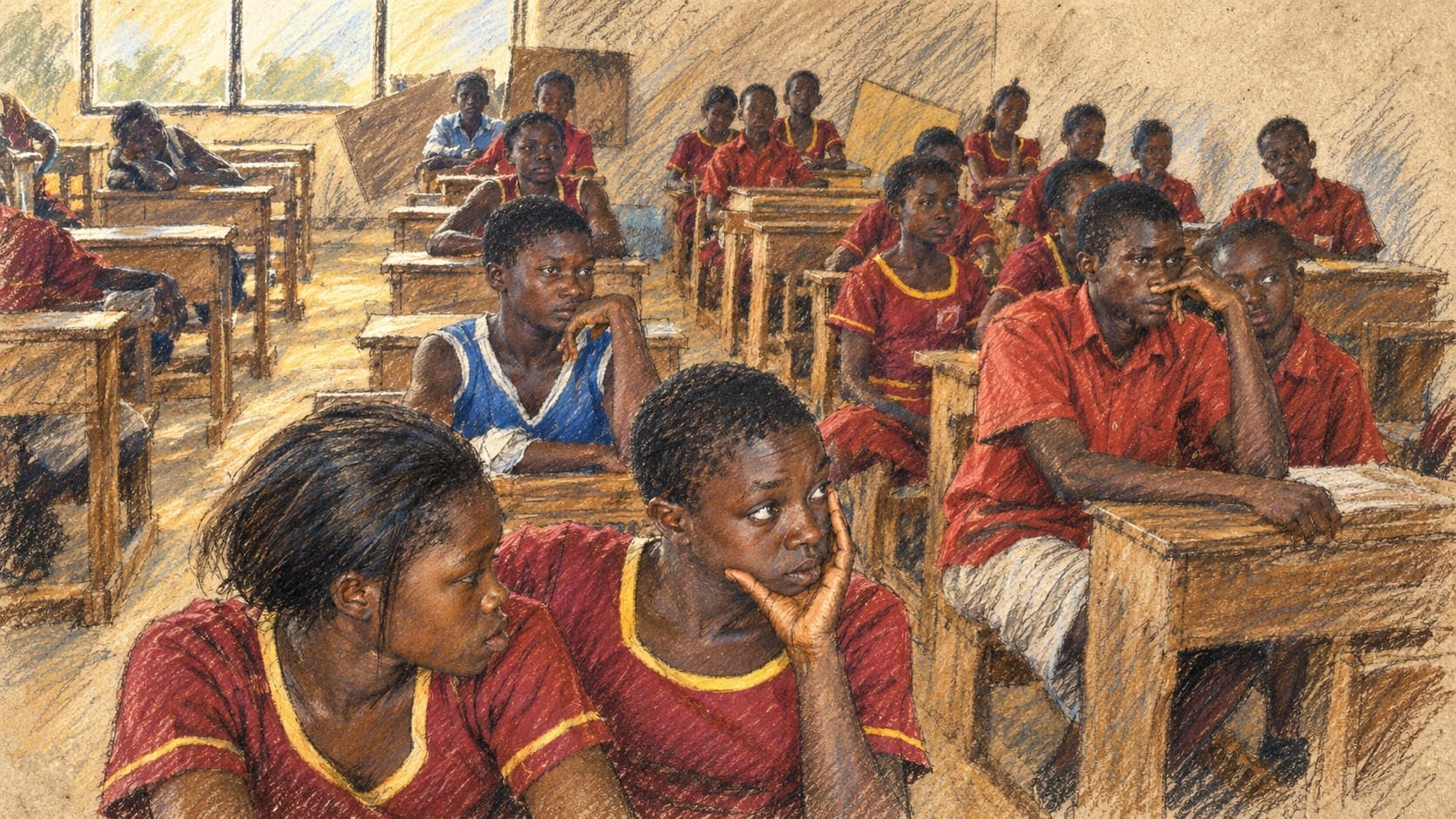 Courtroom-sketch editorial illustration of an archival 2010/2011 Ghanaian classroom, with students in red and blue school uniforms seated at wooden desks and windows along the left wall; education context, not the October 2026 teacher-data validation visit or arrears payments, rendered in warm ochre and slate-blue pastel strokes.