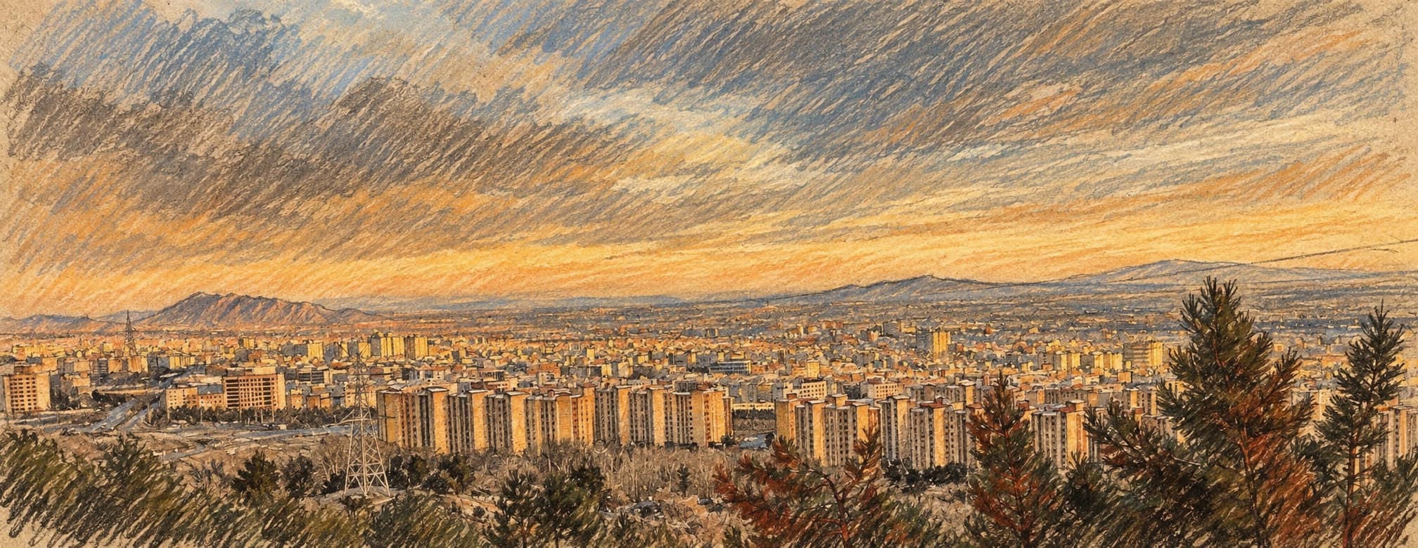 Courtroom-sketch editorial illustration of an archival June 2024 panorama of Tehran from Shahran, with apartment blocks, foreground trees, distant hills and a cloudy sunset sky; capital-city context, not a depiction of the October 2026 oil-minister appointment, rendered in warm ochre and slate-blue pastel strokes.