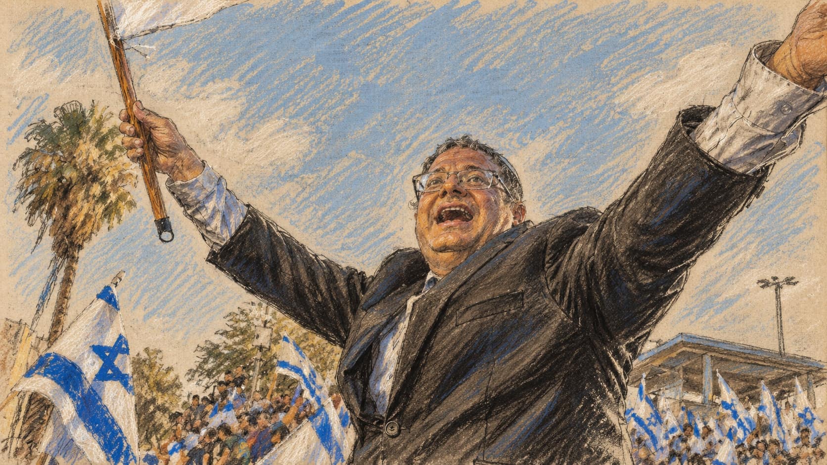 Courtroom-sketch editorial illustration of an archival June 2021 photograph of Itamar Ben-Gvir with arms raised and a flagpole amid Israeli flags and a crowd in Jerusalem, with a palm tree at left; actor context, not a depiction of the October 2026 High Court proceeding, rendered in warm ochre and slate-blue pastel strokes.