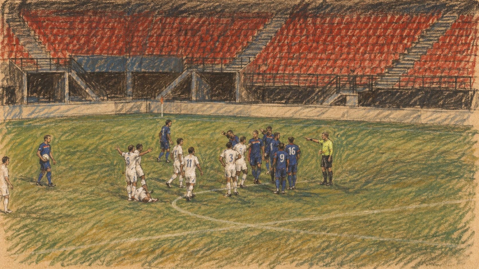 Courtroom-sketch editorial illustration of players and a referee on a football pitch in an archival Israel–Andorra match in Nijmegen in September 2006, with red stadium seats behind; it does not depict the October 2026 Ireland match, rendered in warm ochre and slate-blue pastel strokes.